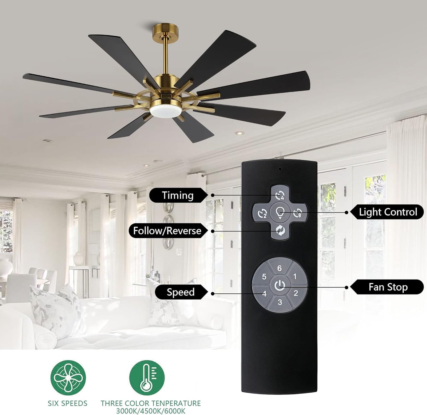 WINGBO 72" DC Ceiling Fan with Lights and Remote, Gold and Black Ceiling Fan w/ 3 Downrods, 8 Plywood Blades, 6-Speed Reversible DC Motor, Modern Ceiling Fans Indoor for Kitchen Bedroom Living Room