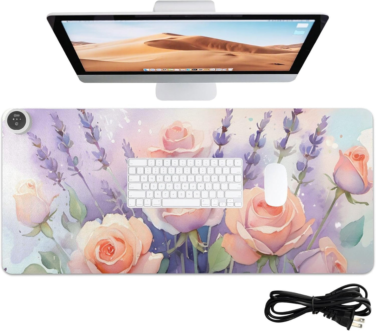 Large Heated Mouse Pad,Leather Desk Mat,31.5"x13",Hand Warmer Pads for Desk,Lavender Rose(Morandi)