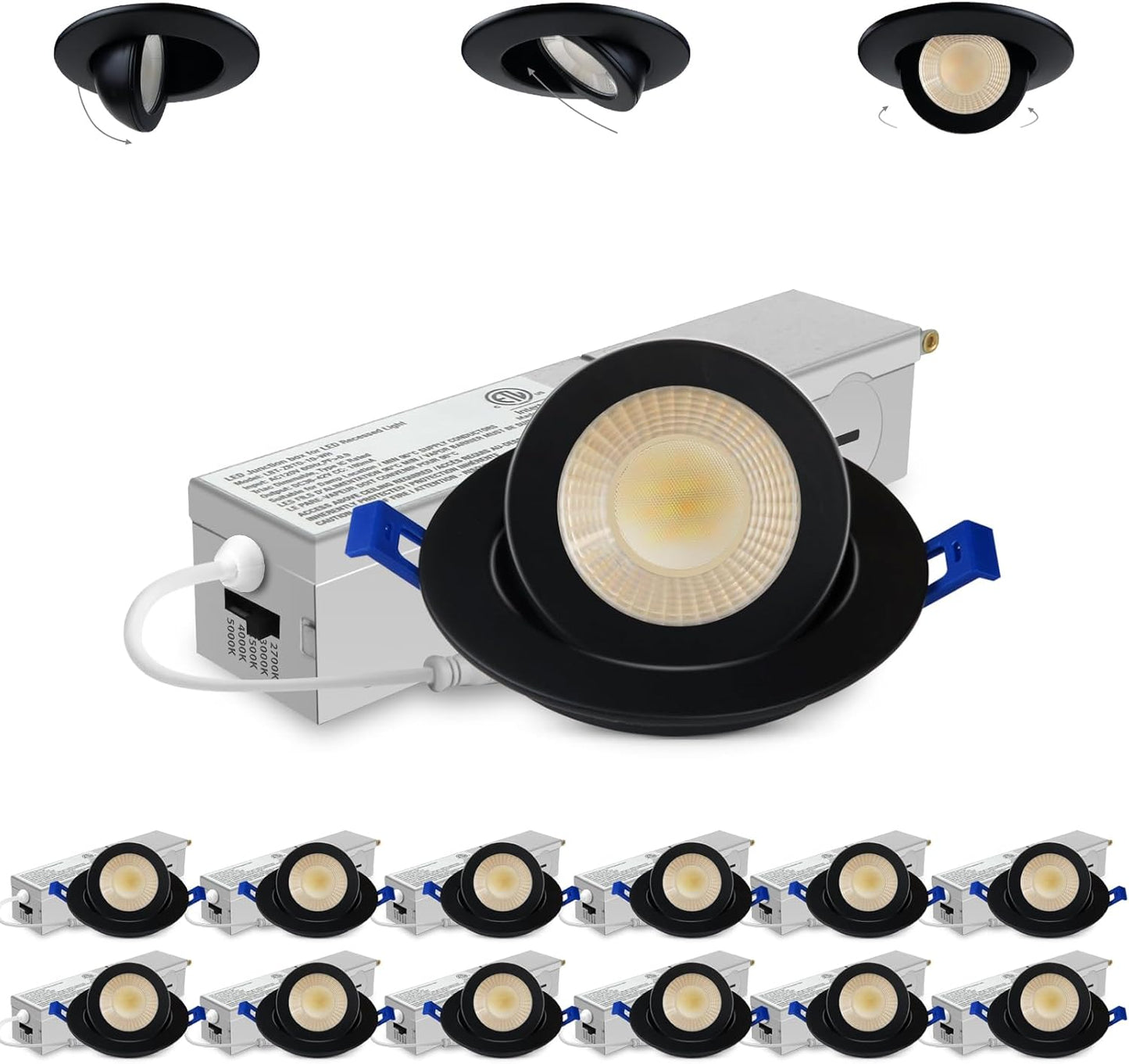 Adetu 2 Inch 5CCT Gimbal Black Led Recessed Lighting with Junction Box, 360°+90° Adjustable Led Recessed Lights, 2700K/3000K/3500K/4000K/5000K, 5W Eqv 50W, 550LM Brightness - ETL (Black, 12 Pack)