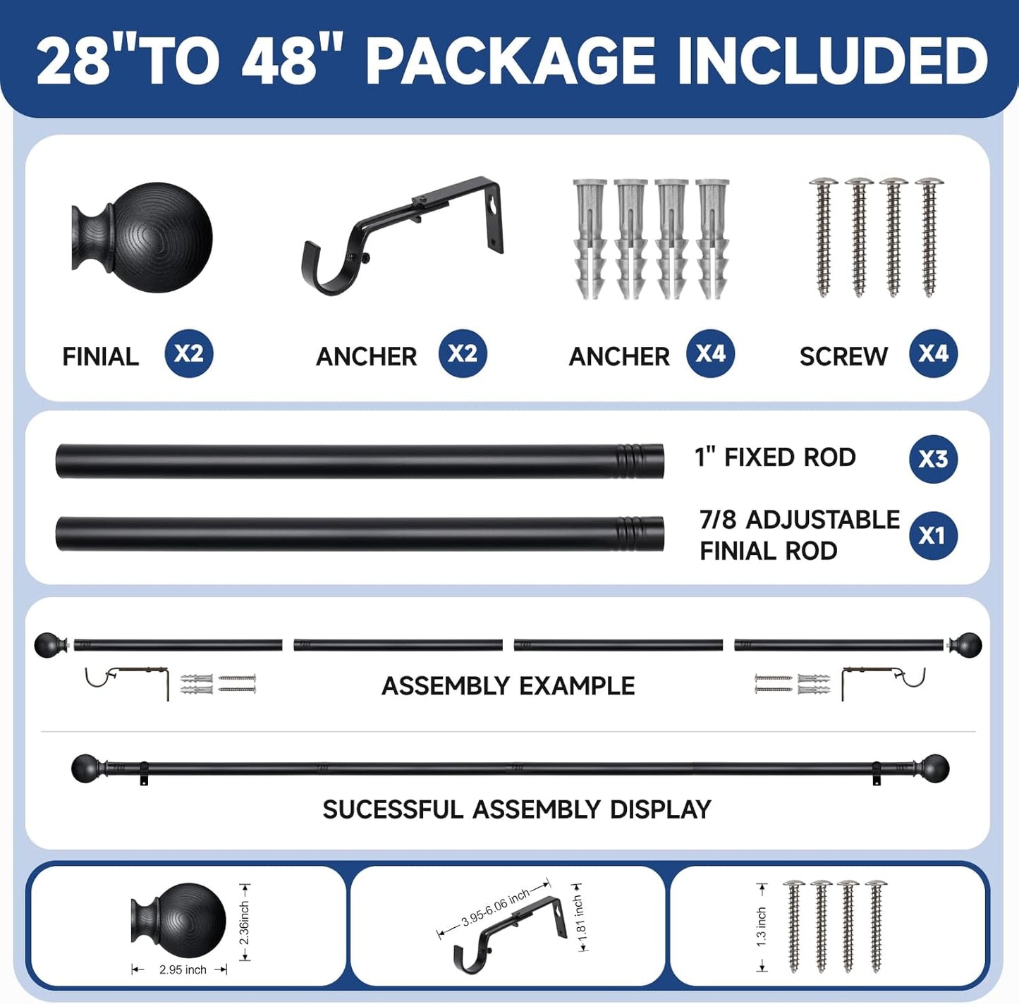 BRIOFOX Black Curtain Rods for Windows 28 to 48 Inch(2.3-4ft)- 1'' Diameter Heavy Duty Curtain Rods with Imitation Wood Grain Pattern Finials,Adjustable Decorative Curtain Rods Set,28-48''