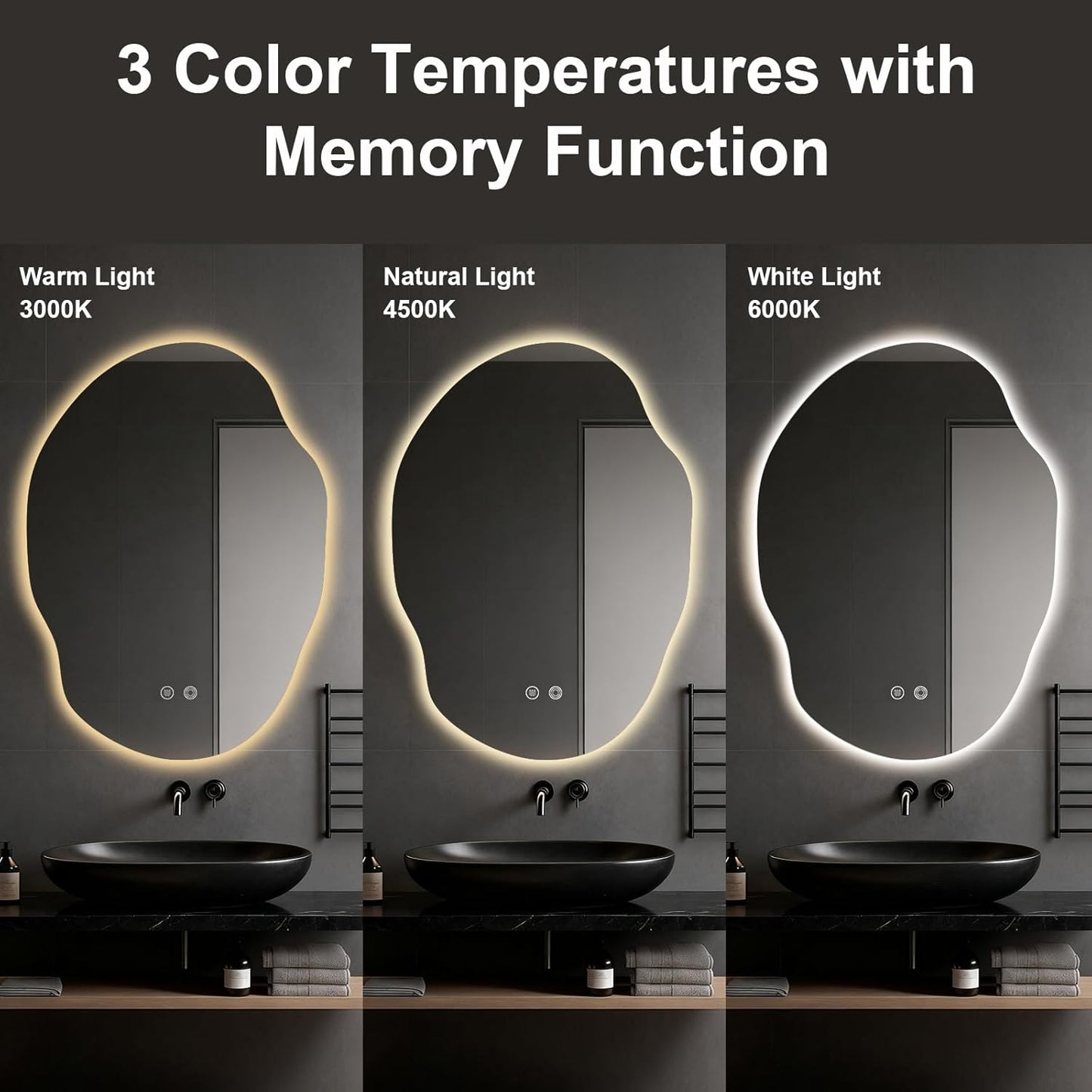 Asymmetrical Bathroom Mirror with Lights,Irregular LED Bathroom Vanity Mirror with Backlit,Anti-Fog,3 Colors and Dimmable Light with Memory,Hardwired Supported[Horizontal/Vertical] 35" H x 25" W