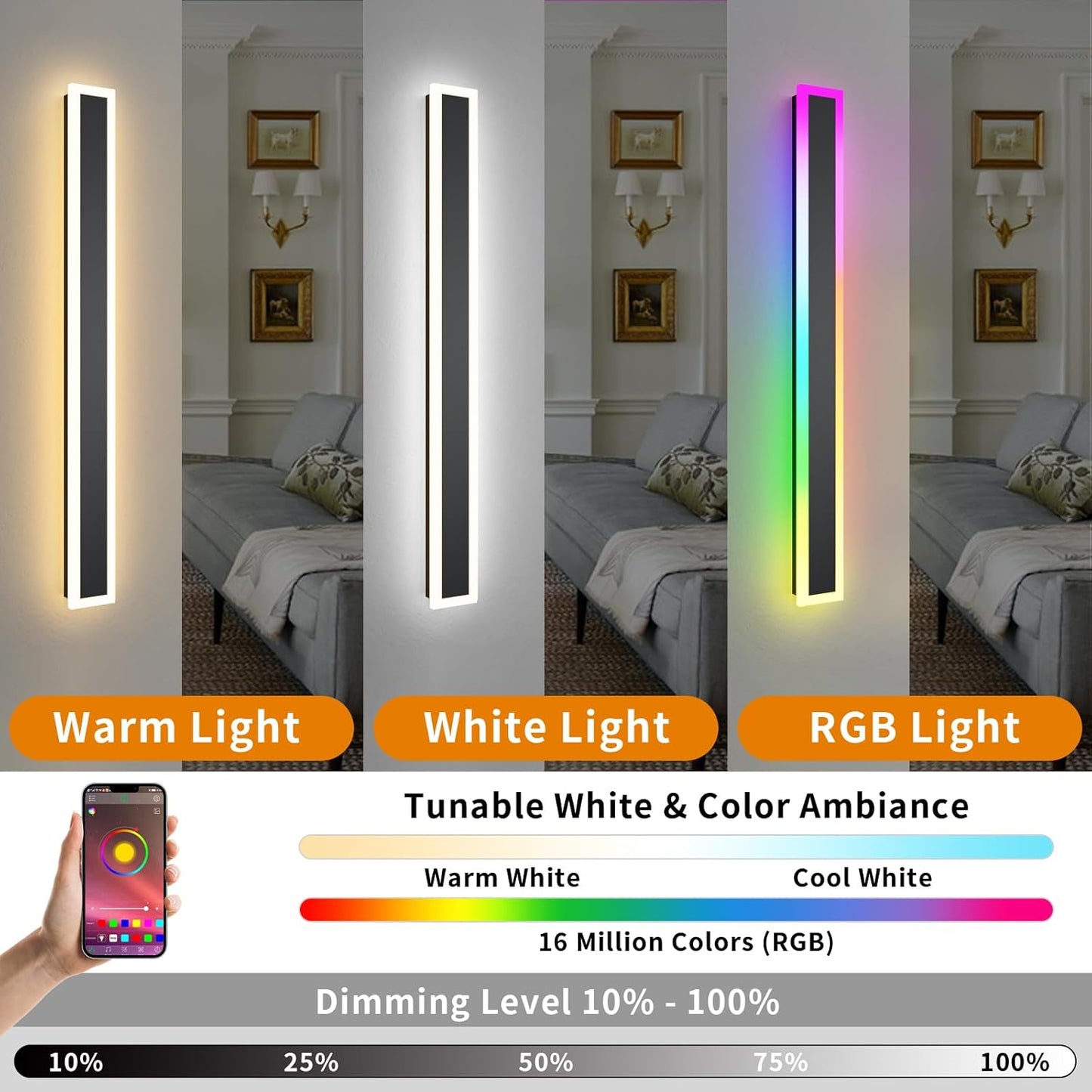 2 Pack Outdoor RGB Long Wall Lights, 23.6inch Wall Lights RGB/Warm/White Dimmable Modern Led Wall Lighting, Ip65 Waterproof Wall Sconce with Remote APP Control for Outdoor/Indoor Party Gathering