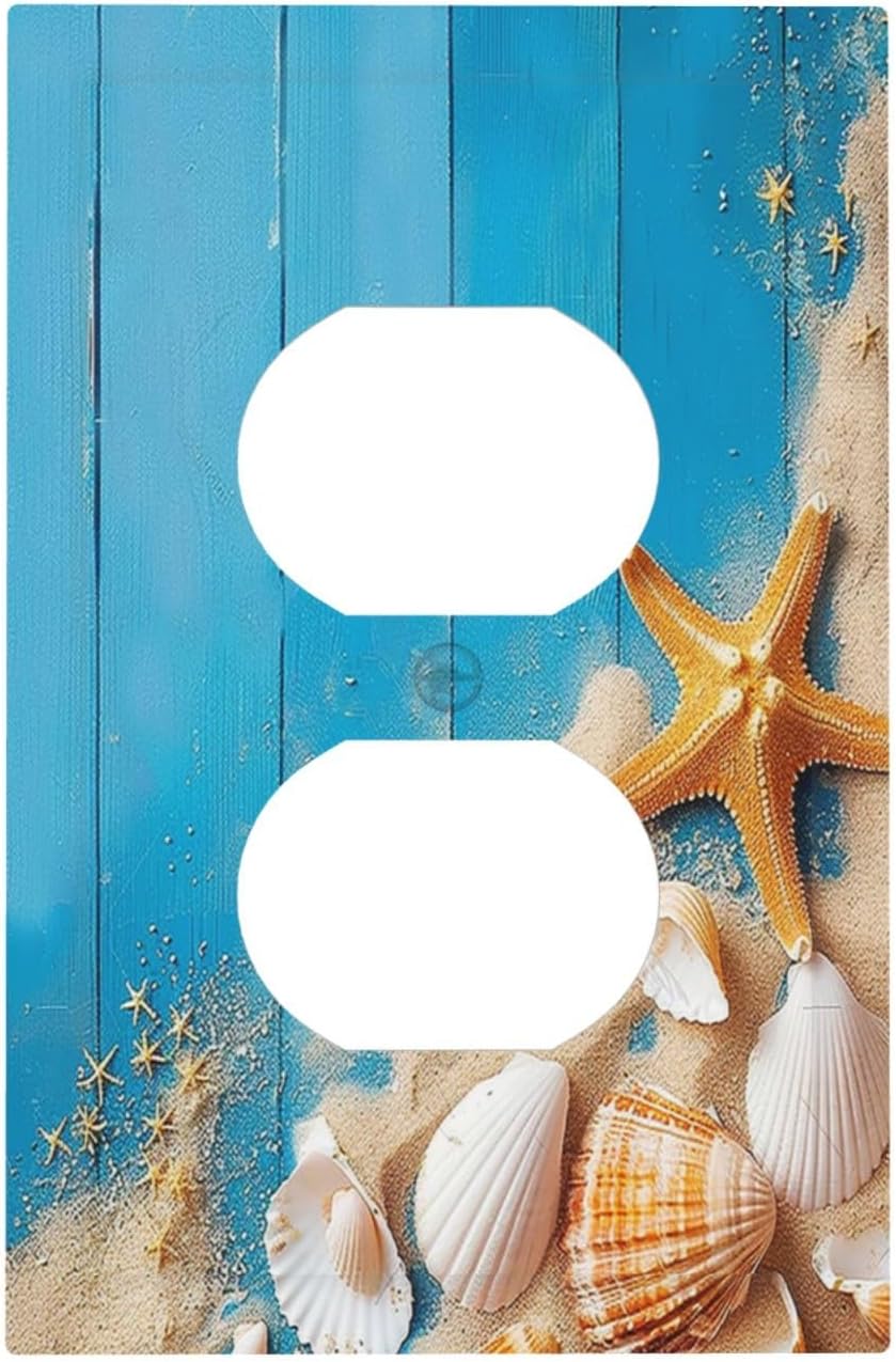 Outlet Covers Blue Wood Grain Beach Shell Starfish 1 Gang Duplex Wall Plate Decorative Switch Plates Electrical Receptacle Faceplate Light Switch Cover for Bathroom Farmhouse Decor
