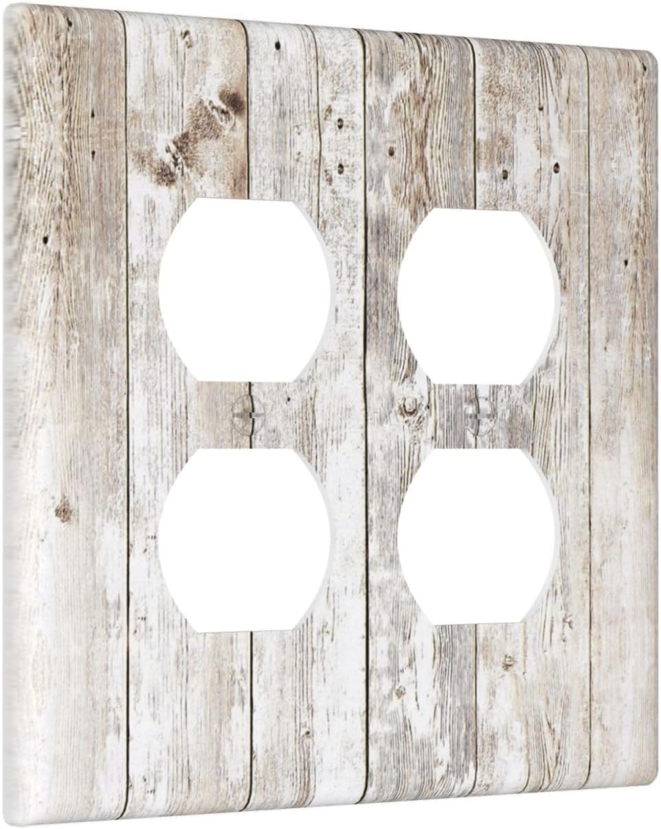 Vintage Light Wood Retro Rustic White Gray Oak Print Outlet Covers 2 Gang Double Duplex Decorative Light Switch Covers Electrical Wallplates Socket Faceplate for Farmhouse Home Decor