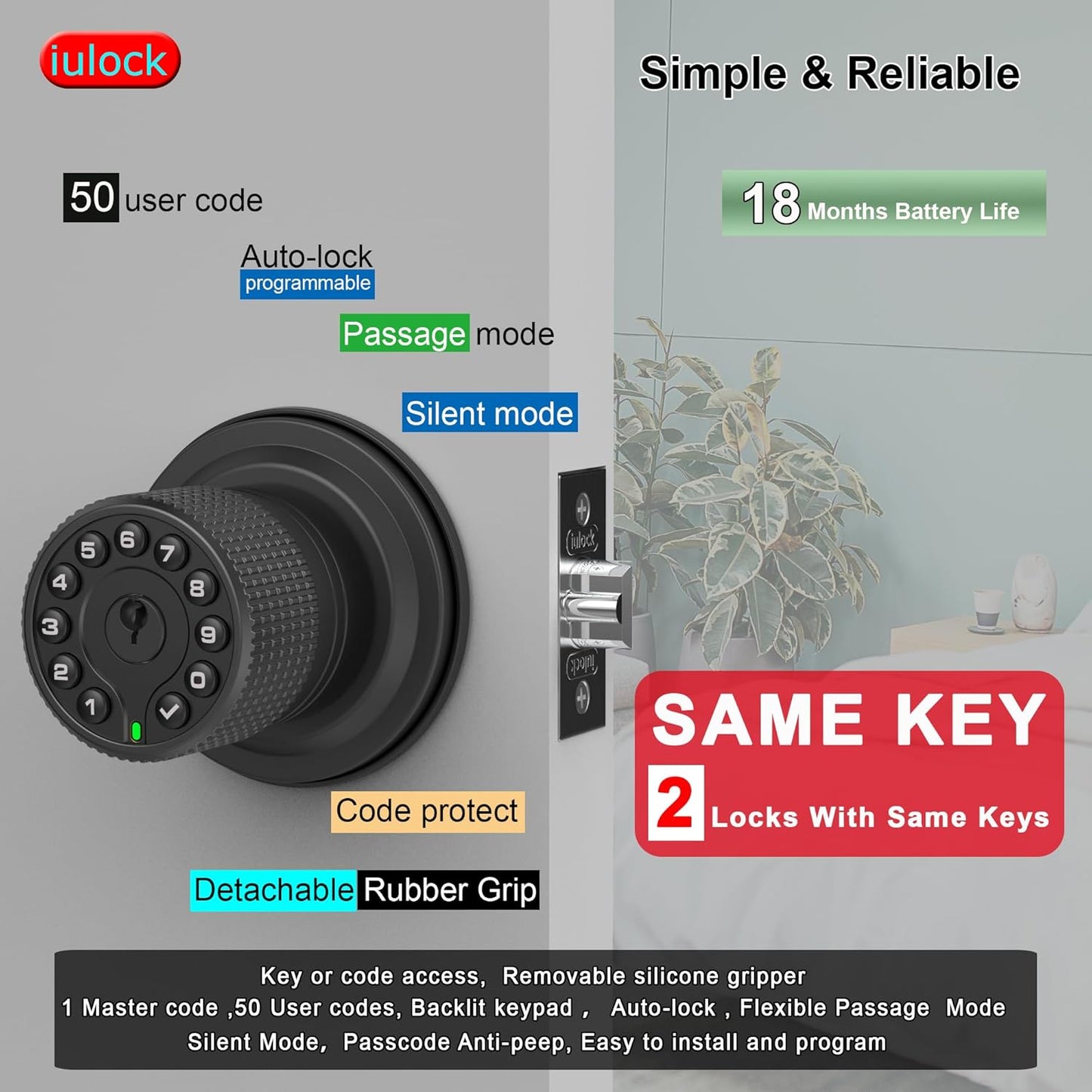 Smart Door Knob with Keypad and Key,Keyless Entry Door Lock with Rubber Grip, Auto Lock,50 User Code,Waterproof, Easy to Install and Program for Bedroom (Matte Black Same Key 2 Pack)
