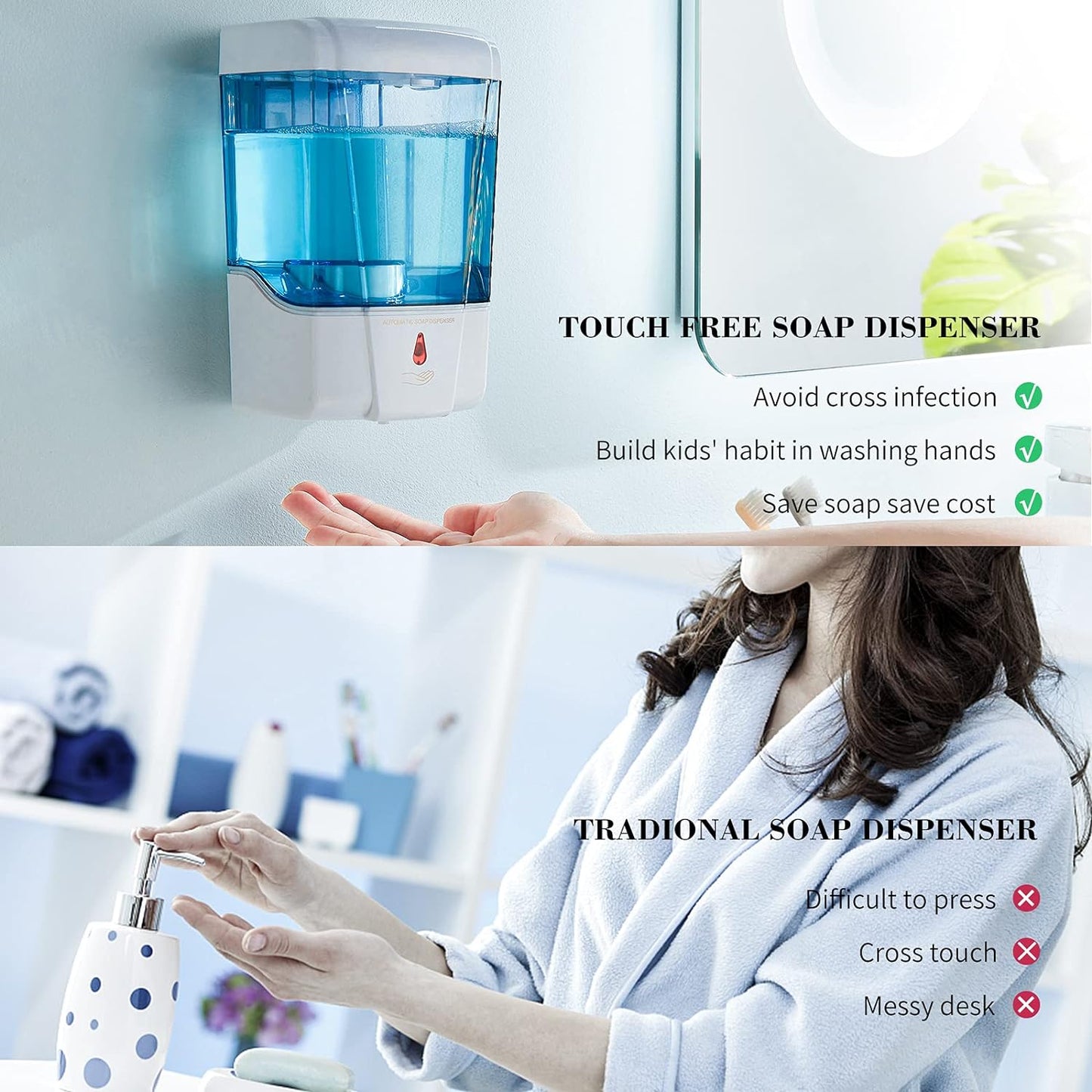 Soap Dispenser Wall Mount, Automatic Hand Sanitizer Dispenser 600ml Gel n Liquid Touchless Commercial Wall Soap Dispenser for Bathroom,White-600ml