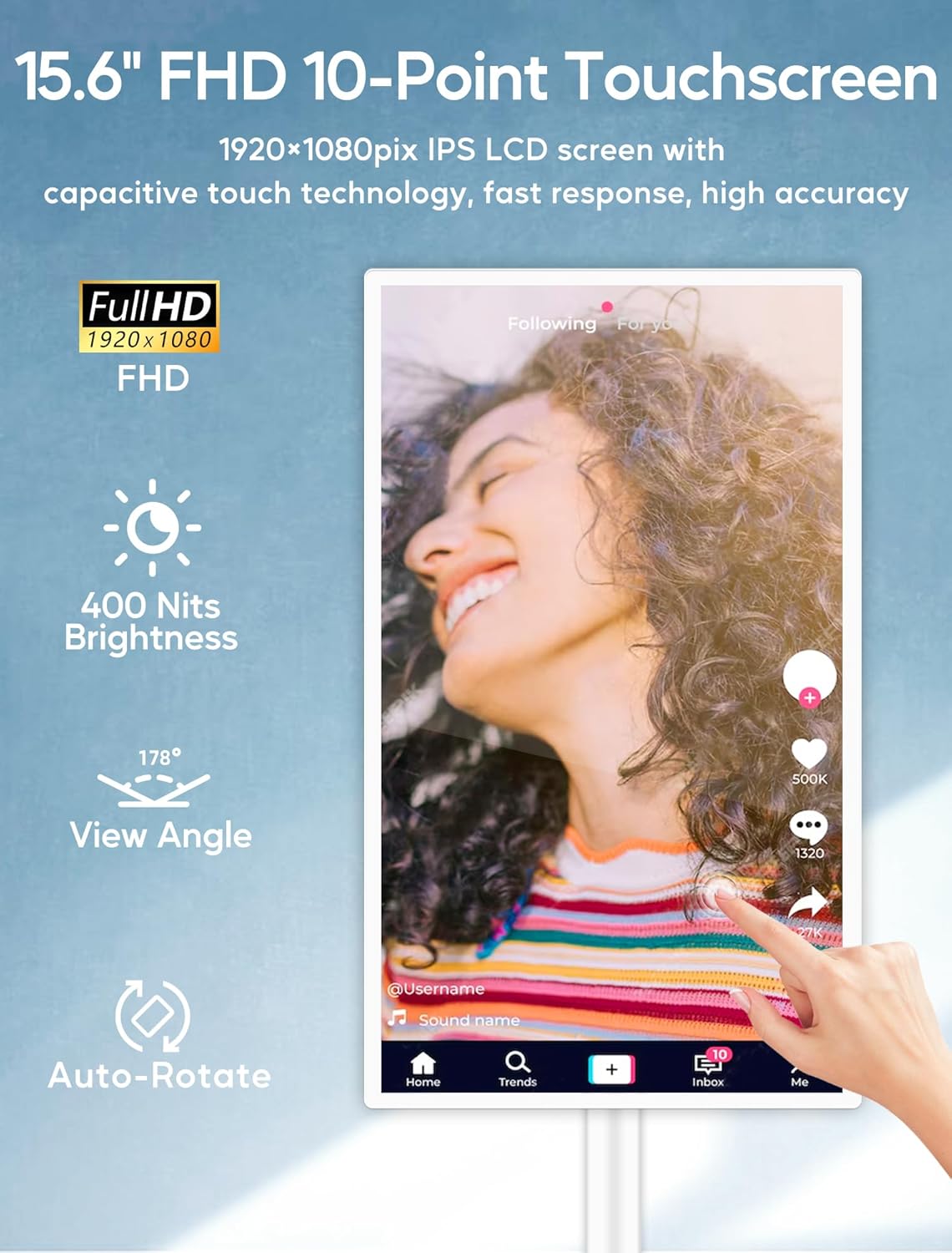 15.6" Digital Signage with 10000mAh Battery, Capacitive Touchscreen Advertising Display, Adjustable Stand, Android 11 Commercial LCD Monitor with Auto Play, Wireless Screen Mirroring, 8+128GB, White