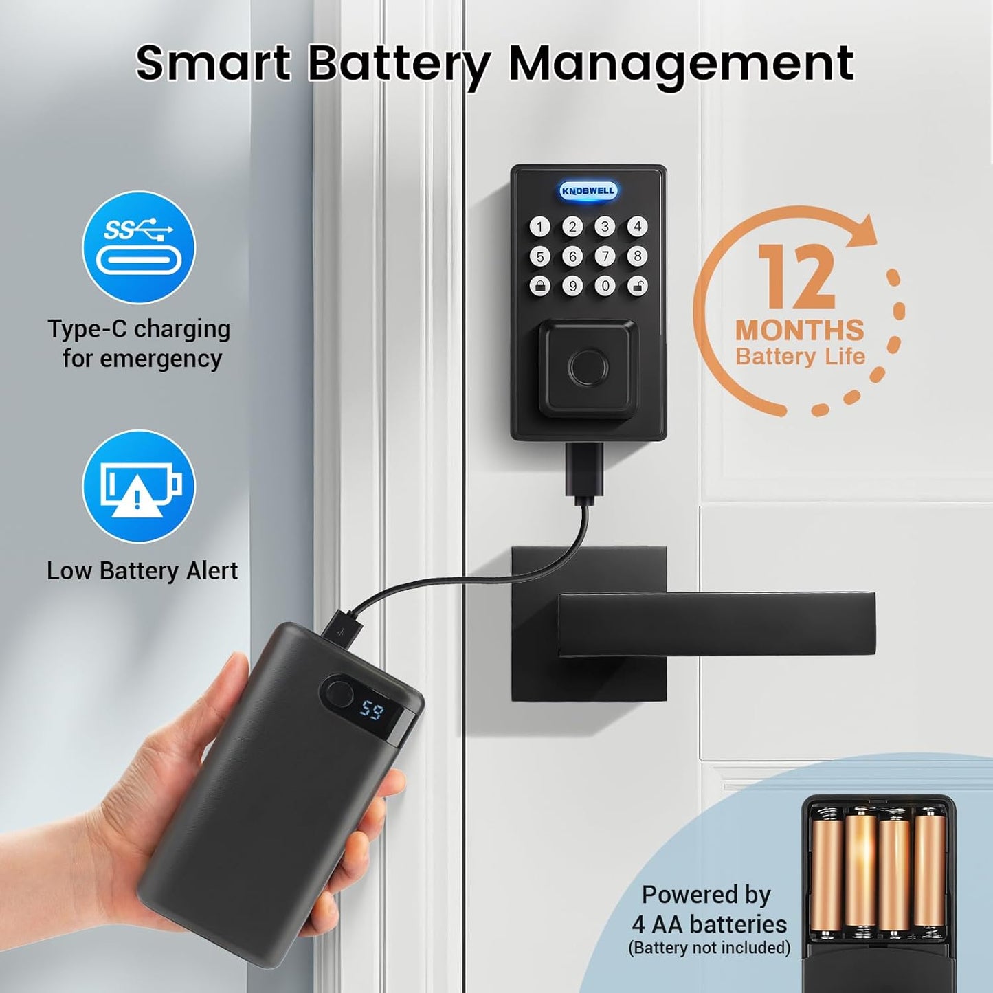KNOBWELL Smart Fingerprint Door Lock with Lever Handle, Keyless Entry, Biometric Keypad, Electronic Deadbolt Lock，Matte Black