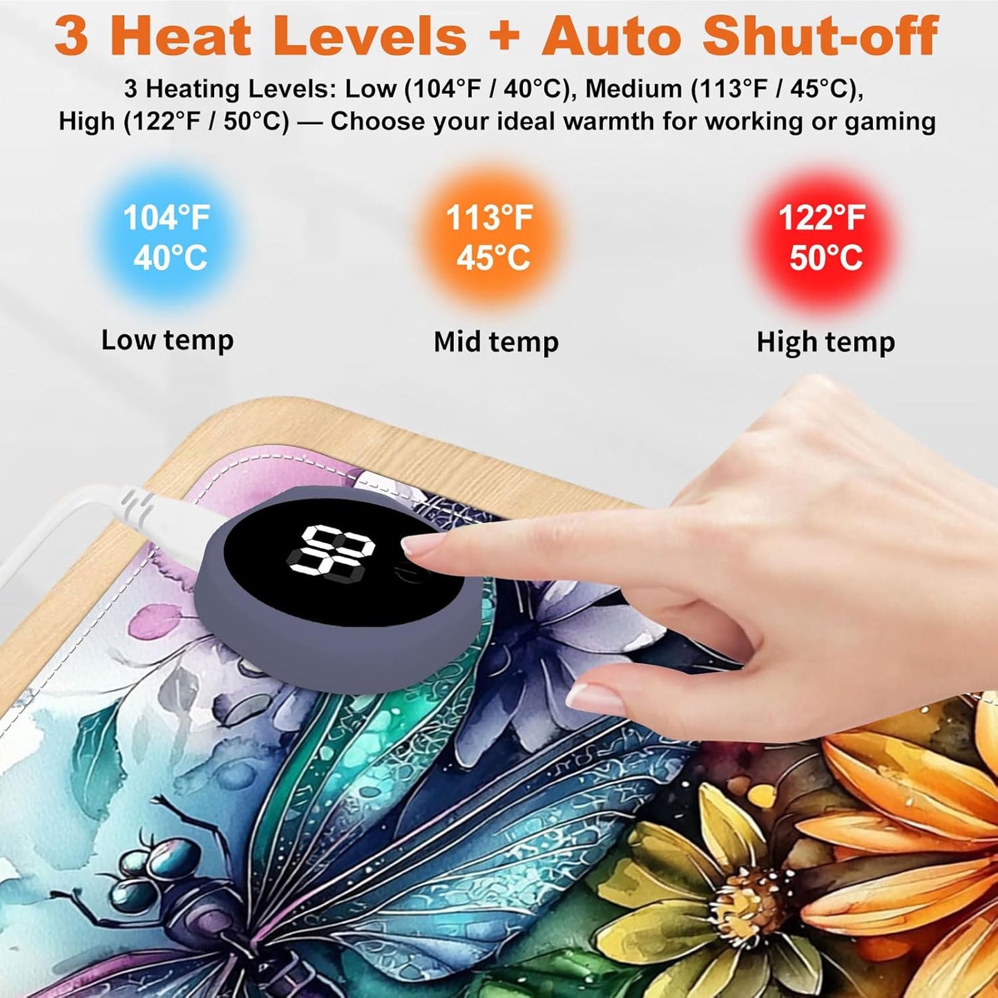 Small Heated Desk Pad 23.6" x 14.2" – Compact Electric Mouse Pad with 3 Heating Levels, Auto Shut-Off, Waterproof PU Surface, Plug-in Warmer for Office or Home Use, Colorful Dragonflies