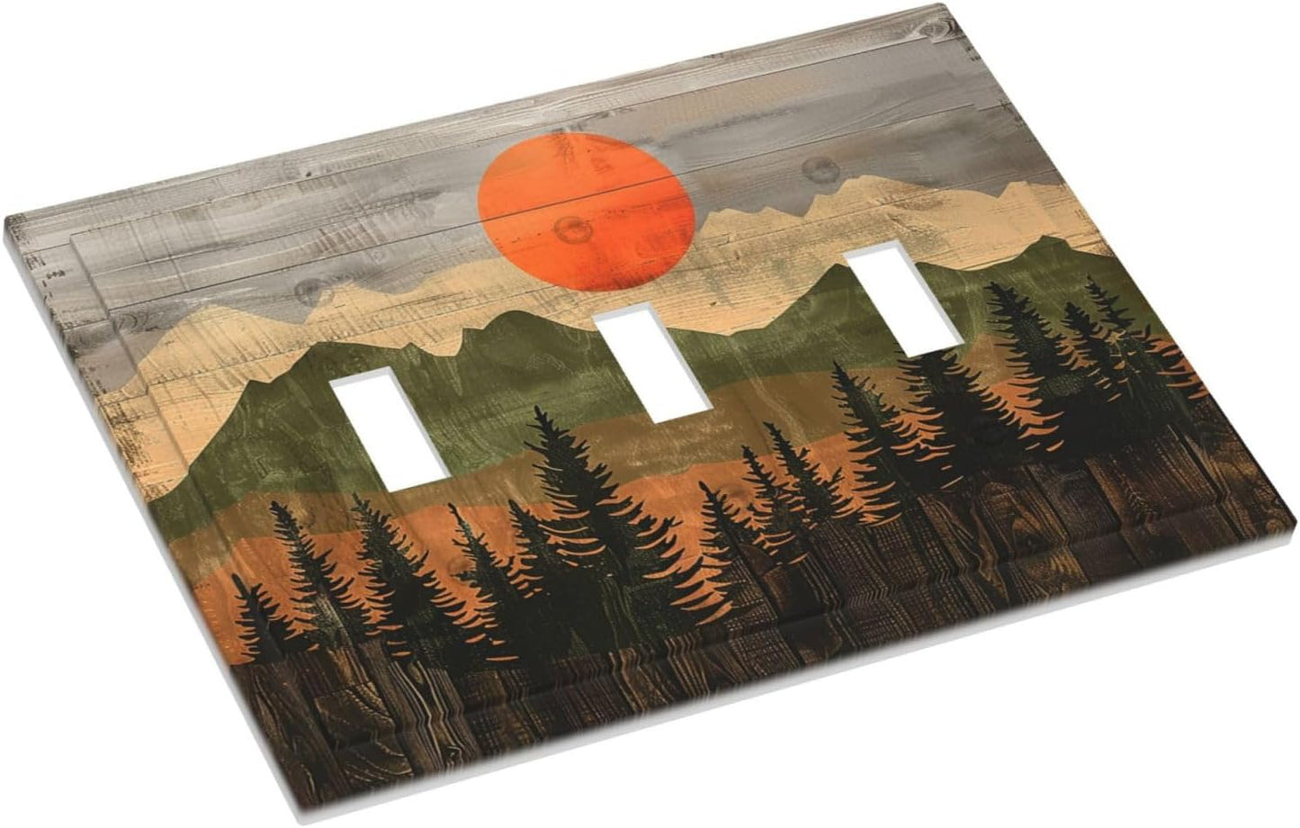Decorative Switch Plates Vintage Wood Grain Sun Forest Mountains 3 Gang Wall Plate Triple Toggle Light Switch Cover Faceplate Electrical Wall Panels for Farmhouse Cabin Decor