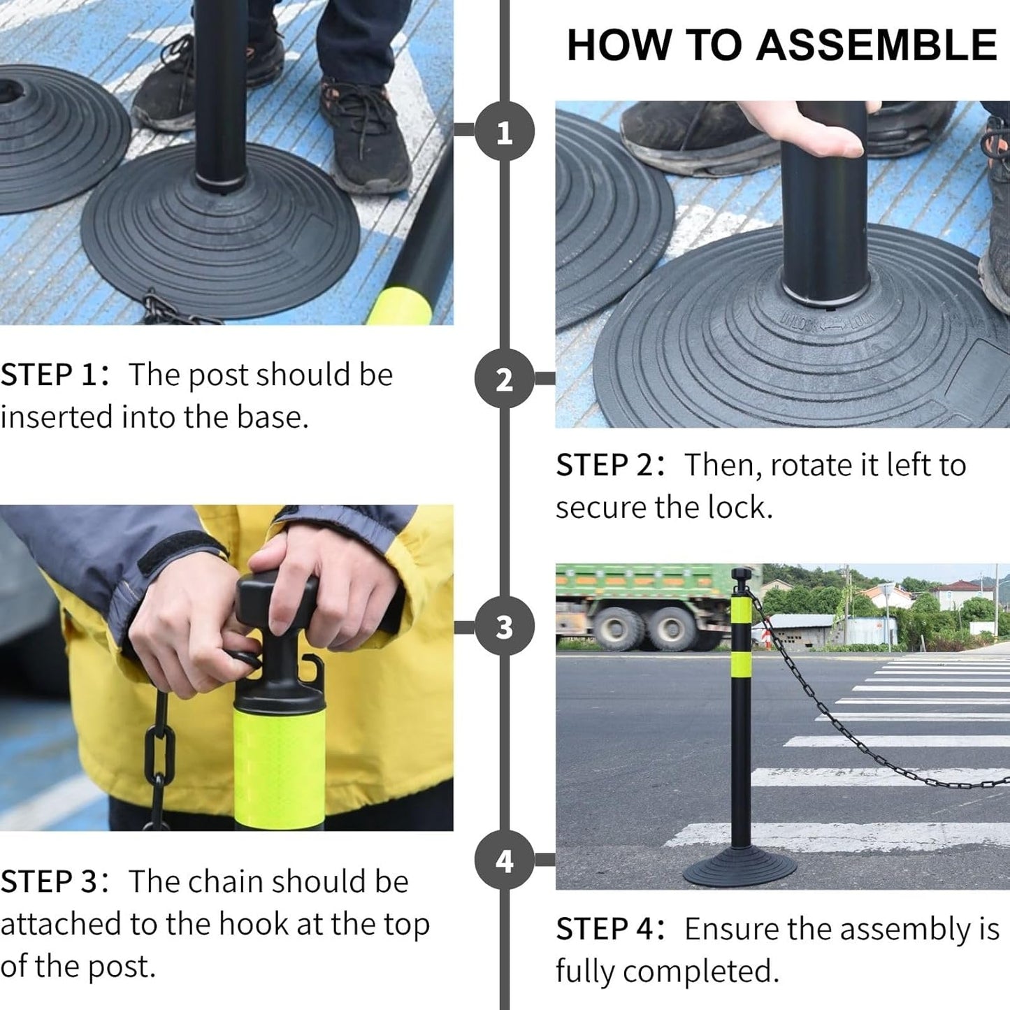 6 Pack Traffic Delineator Post Cones with Plastic Chain Crowd Control Barriers - Expandable 40" Traffic Control Cones, 6 x 6.6 Ft Chains for Indoor & Outdoor Use (Black-Rubber Base)
