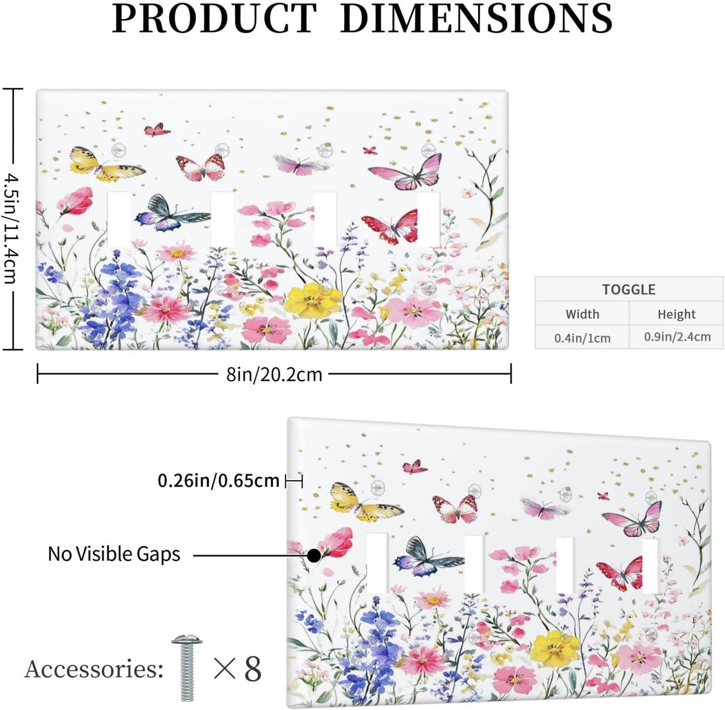 Light Switch Covers Watercolor Floral Butterfly Colorful Wildflower Quad Toggle Electrical Faceplate 4 Gang Wall Plate Decorative Switch Plates For Bed Room Living Room Decor