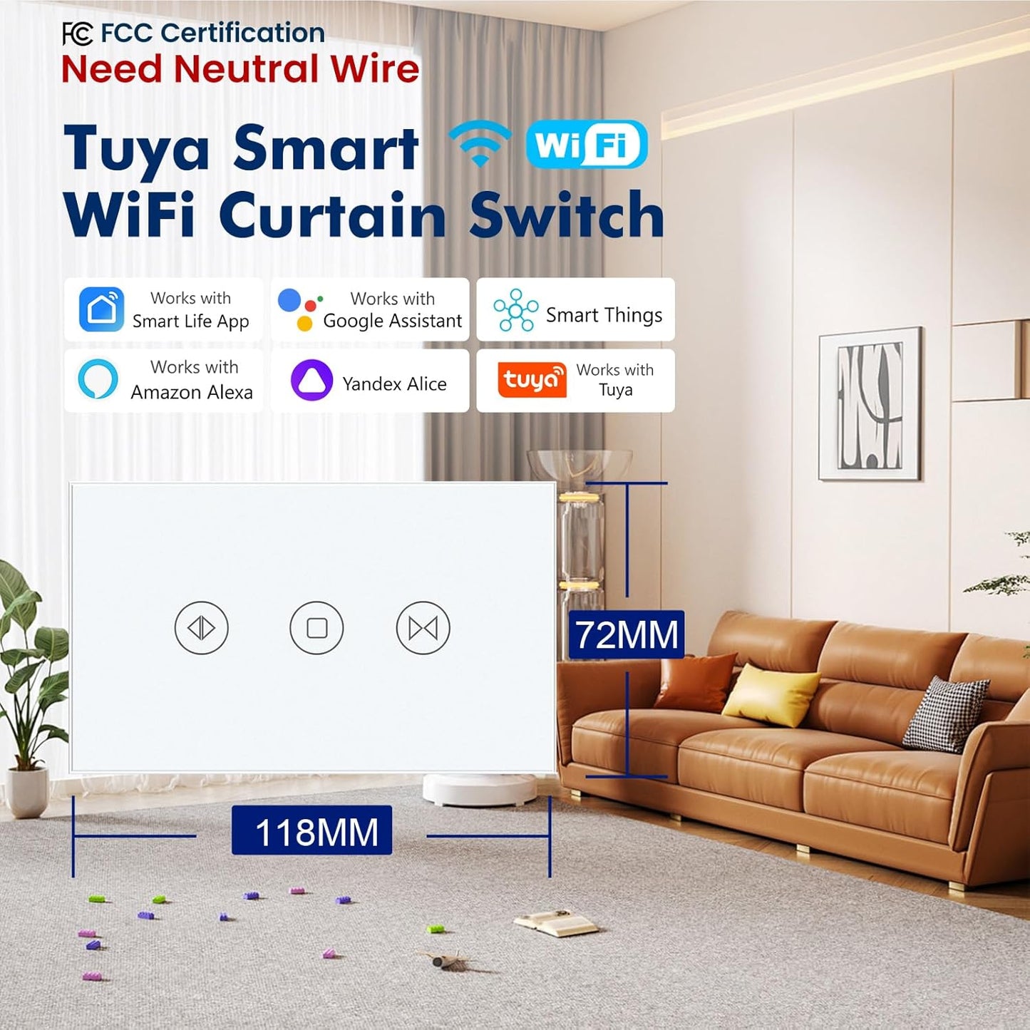 Smart Curtain Switch 118X72X34MM Neutral Wire Required, 2.4GHz WiFi,Tempered Glass Panel, Multi-Control Way Work with Alexa and Smart Life, White WiFi Curtain