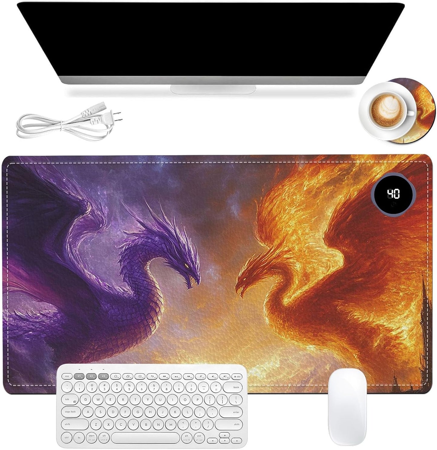 Heated Mouse Pad 23.6 x 14 in 3-Temp Fast Heating Desk Mat with Auto Timer Warmer for Hands Wrist Pain Relief Waterproof Keyboard Mat for Office, Gaming, Home, Dragon Battle Art