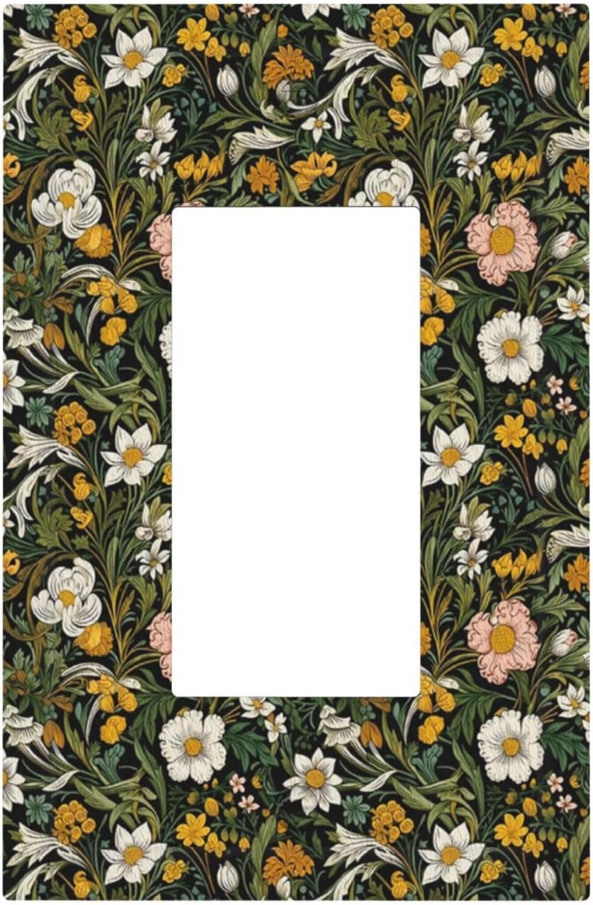 Decorative Outlet Covers Rustic Green Leaf White Daisy Yellow Floral 1 Gang Rocker Light Switch Cover Plate Single Decora Light Switch Covers Wall Plate Faceplate for Bedroom Home Decor