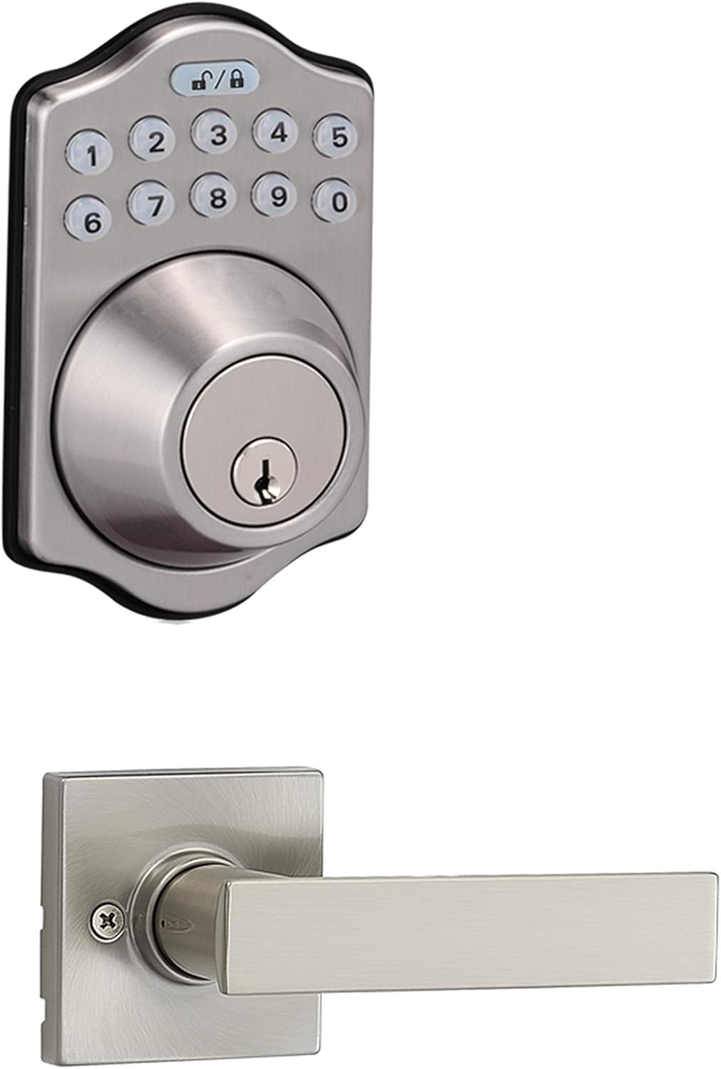 Amazon Basics Traditional Electronic Keypad, Keyless Entry Door Lock Deadbolt with Handle Set, Key Pad Front Door with Knob, Traditional Door Locks for Front Door, Door Handle, Satin Nickel, 6-Pack