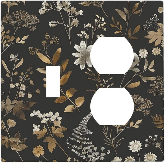 Wallplates Black Gold Floral Dark Leaves Vintage Flowers 1 Toggle 1 Duplex Switch Plate Electrical GFCI Faceplate Decorative Light Switch Covers for Bed Room Home Decor