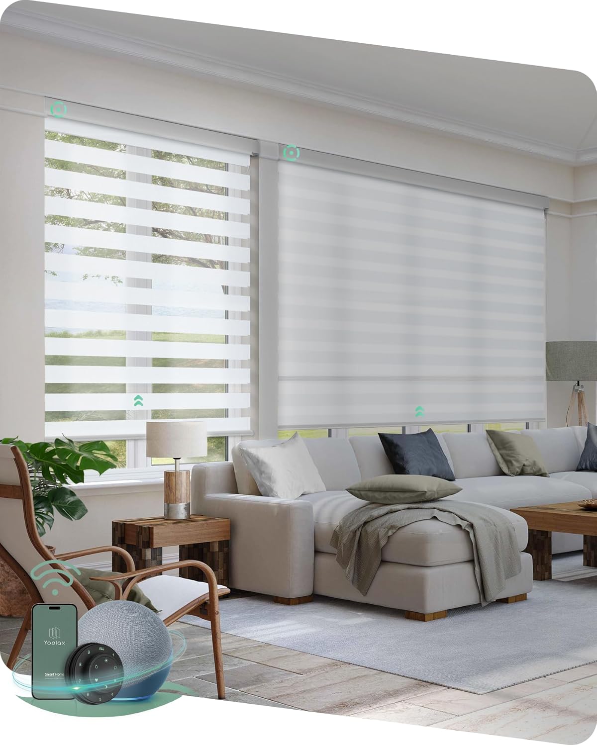 Yoolax Motorized Blinds with Remote, Electric Zebra Blinds for Indoor Windows, Room Darkening Smart Shades with Voice Control, Compatible with Alexa Google Home, APP Control, 46" W x 72" H, White