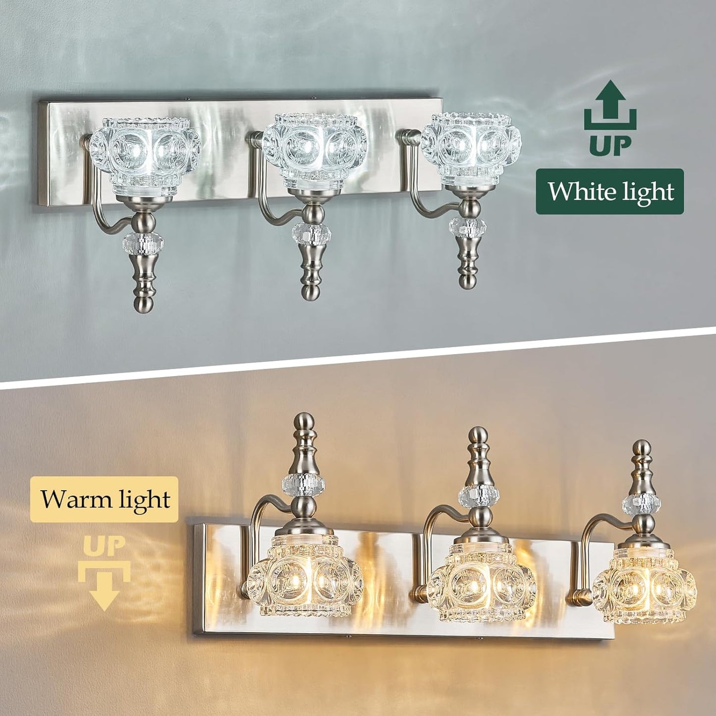 Modern Glass Crystal Vanity Light - Vintage Bathroom Lighting Fixtures Over Mirror, 3 Light Vanity Lights G9 Bulb (19.68 Inch, Nickel)