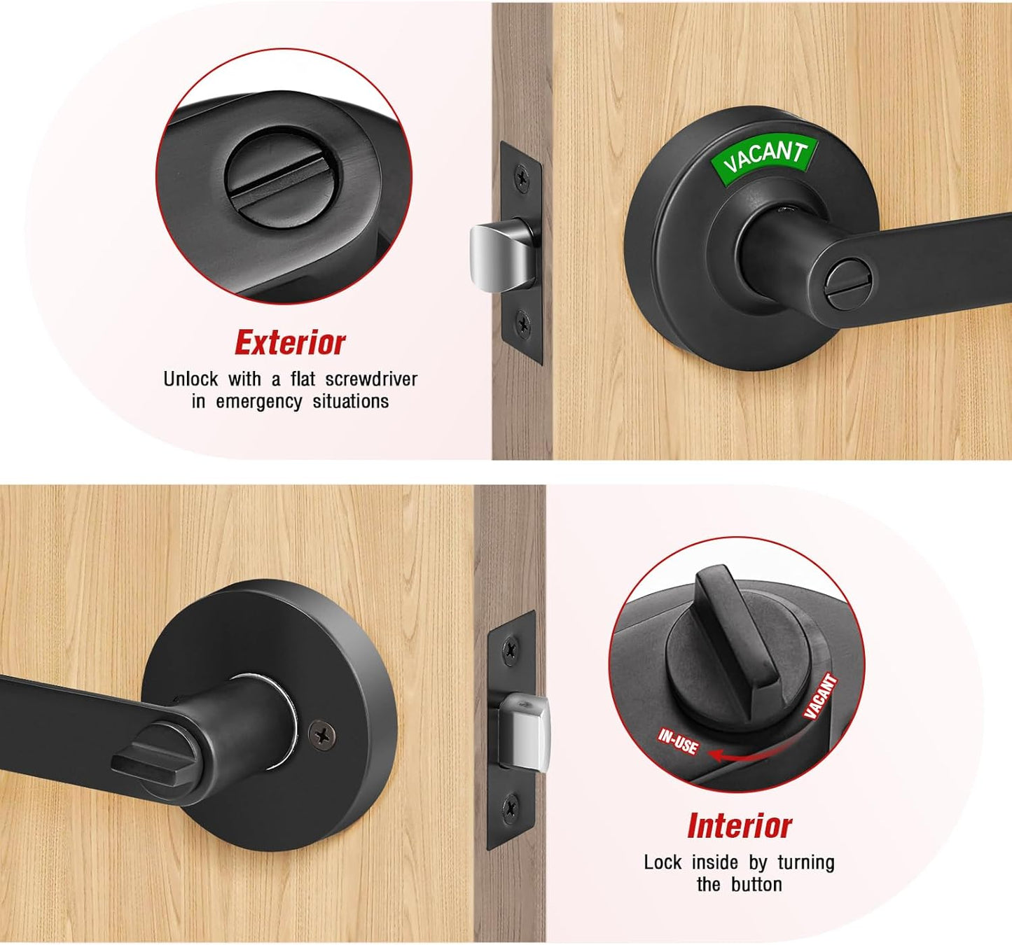 Bathroom Indicator Privacy Door Lock, Vacant Occupied Bathroom Lock, Large Vacant or in-Use Door Handle for All Women Men Restrooms, Ansi Grade 2 Commercial Grade, Black