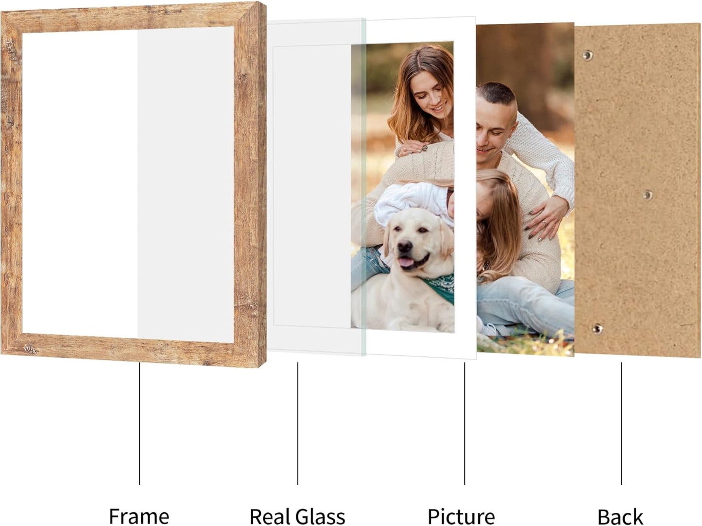 iRahmen 10x14 Picture Frame Set of 4 with Tempered Glass, Rustic Brown Frame Display 8x12 Pictures with Mat or 10 x 14 Without Mat, Wooden Photo Frames for Wall Mounting