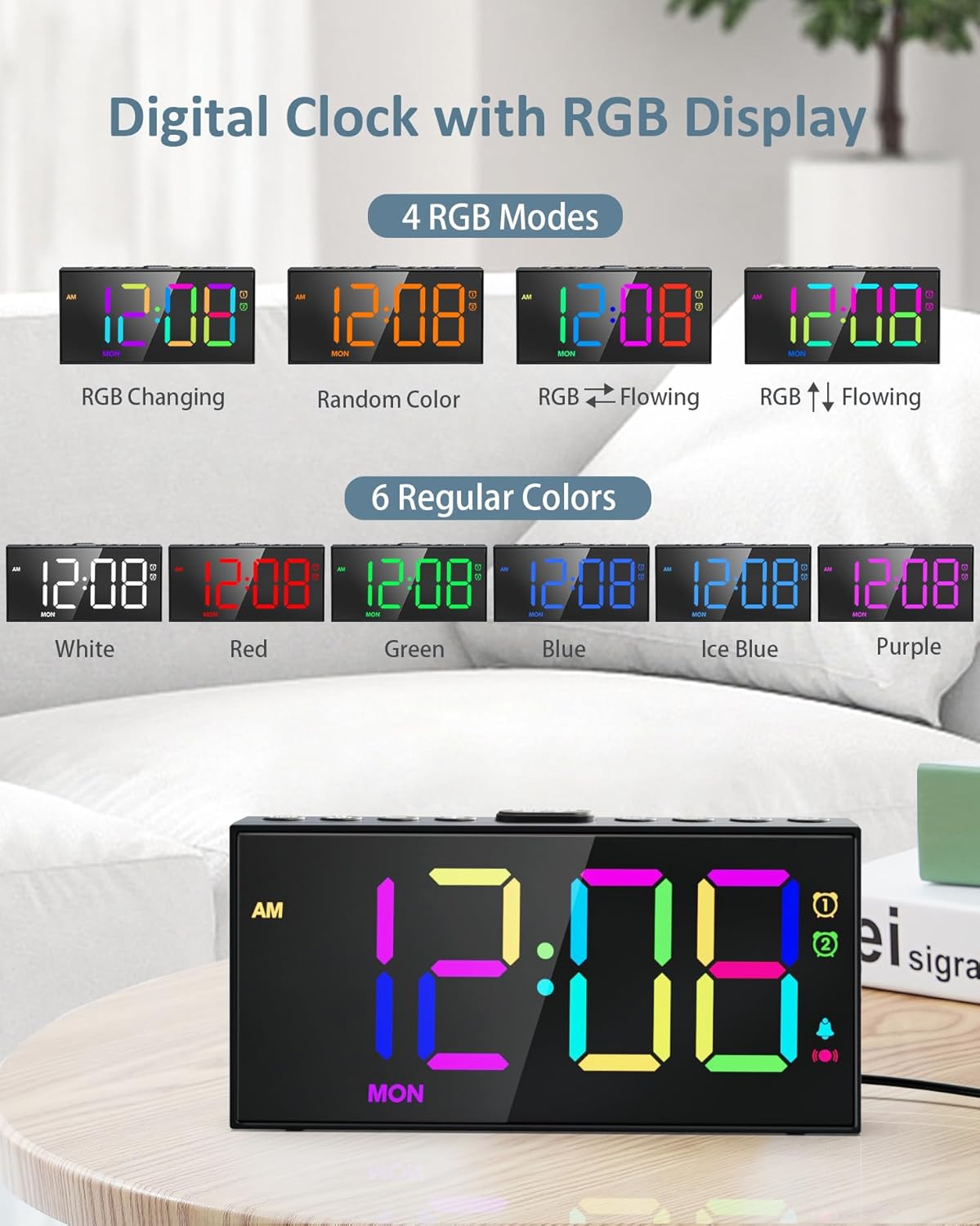 RGB Digital Alarm Clock for Bedroom, Dual Alarms ,Weekday/Weekend/Everyday Mode, 7 Dimmer,5 Volume,2 Charging Ports, 9-min Snooze,Memory Function,Plug in Desk Clock Large Display for Kids/Teens