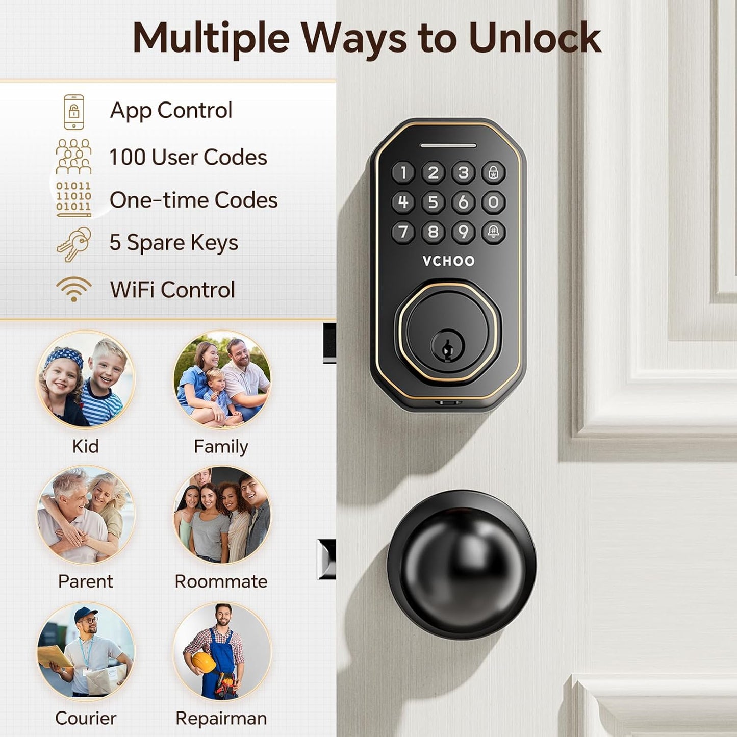 Keyless Entry Door Lock with 2 Knobs App Control Smart Locks for Front Door WiFi Door Lock Set Automatic Lock One Time Password Anti Peeping Password IP54, Bronze