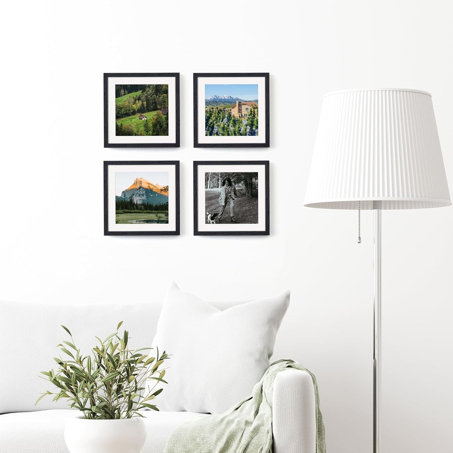 Fun Memories 10x10 Picture Frames, Square Frame 10 by 10 with Mat for 8 by 8, Rustic Oak Wood Frame 10"x10", 10 x 10 Wood Frame Set of 4, Minimalist 10x10 Photo Frames, Black Color