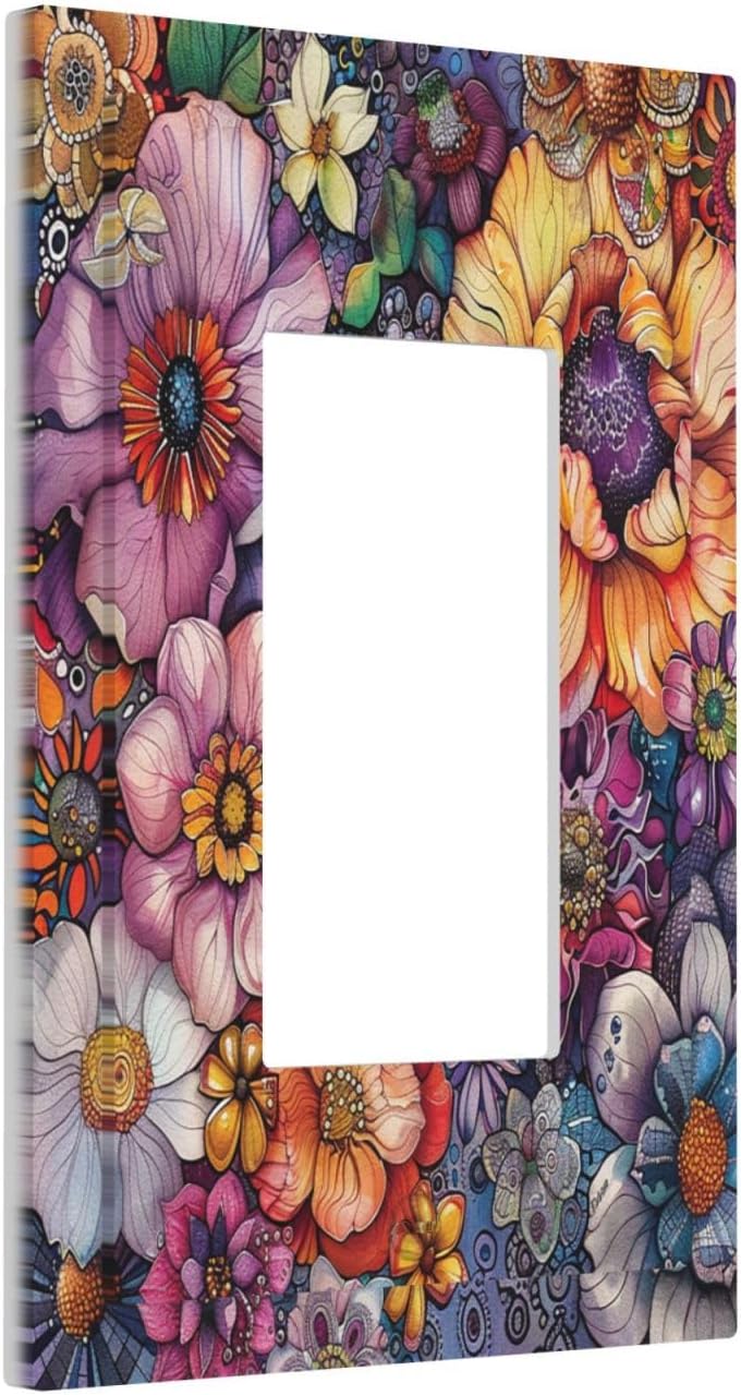 Decorative Outlet Covers Colorful Bohemian Flowers Vintage Boho Floral 1 Gang Single Rocker Light Switch Cover Plate Wall Plates GFCI Faceplate for Bed Room living Room Decor