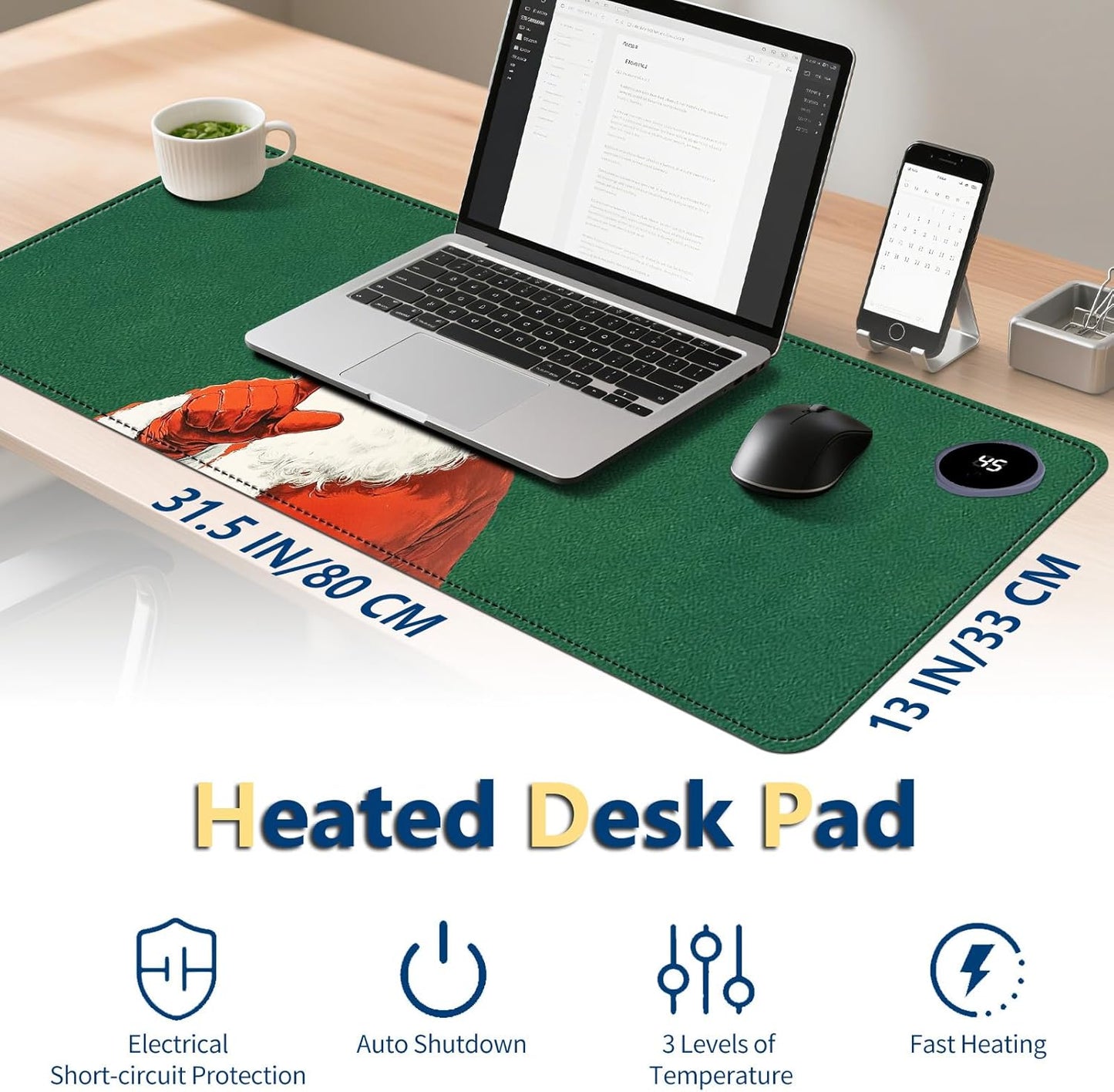 Heated Mouse Pad with 3 Temperature Settings(104°F–122°F),Large 31.5x13 Inch PU Leather Heated Desk Mat,Waterproof Warming Pad for Office,Gaming & Cold Hands Relief,Santa Christmas