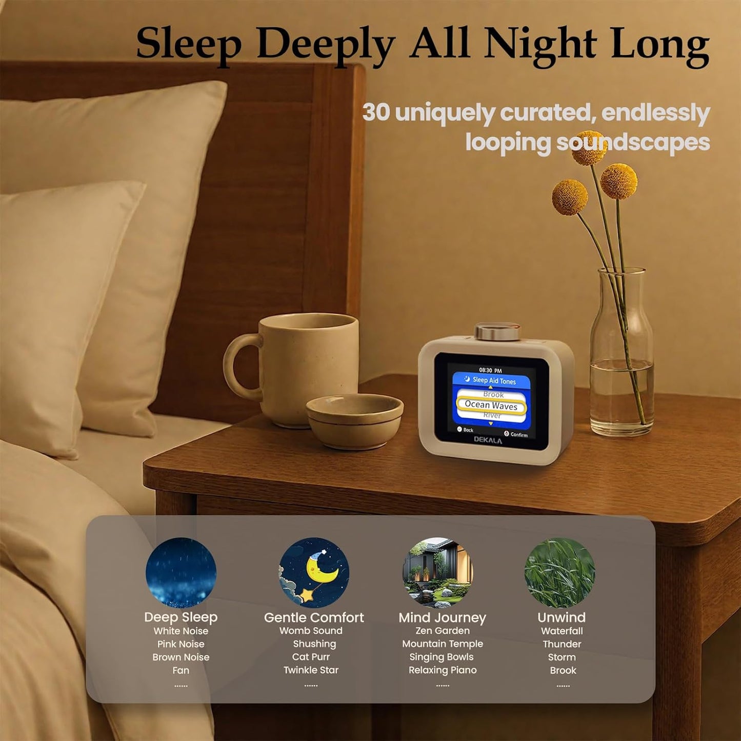 Dekala AuraDot White Noise Sound Machine for Sleep Temperature Humidity Monitor, 30 Non-Loop Soothing Sounds, Timer/Play All Night, Animationed Sleep Screen, 7-Day Programmable 4 Alarm Clock