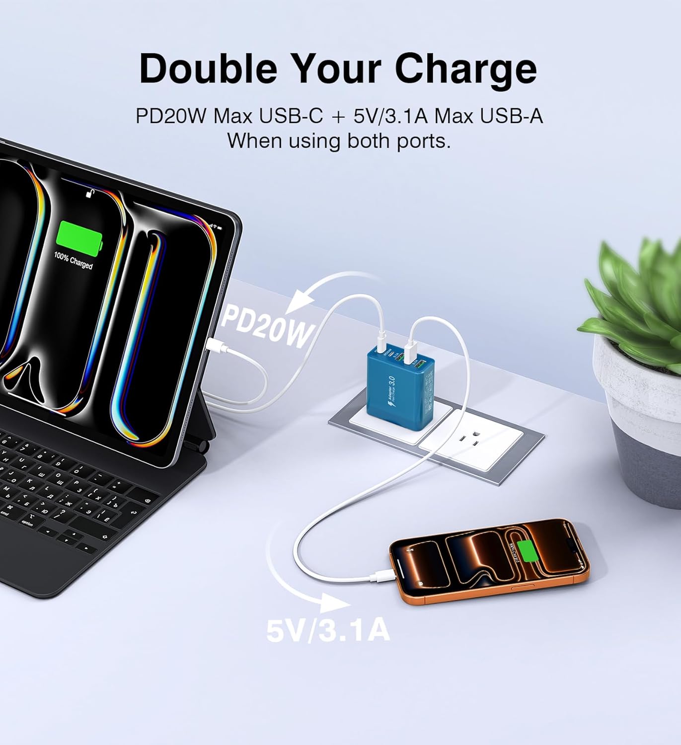 [2-Pack] USB C Wall Charger, 60W Fast USB C Charger Block, 5-Port PD Power Adapter + QC Wall Plug Multiport Type C Charging Block Cube Compatible with iPhone 17 16 15 14 13 12 Pro Max XR XS, Blue