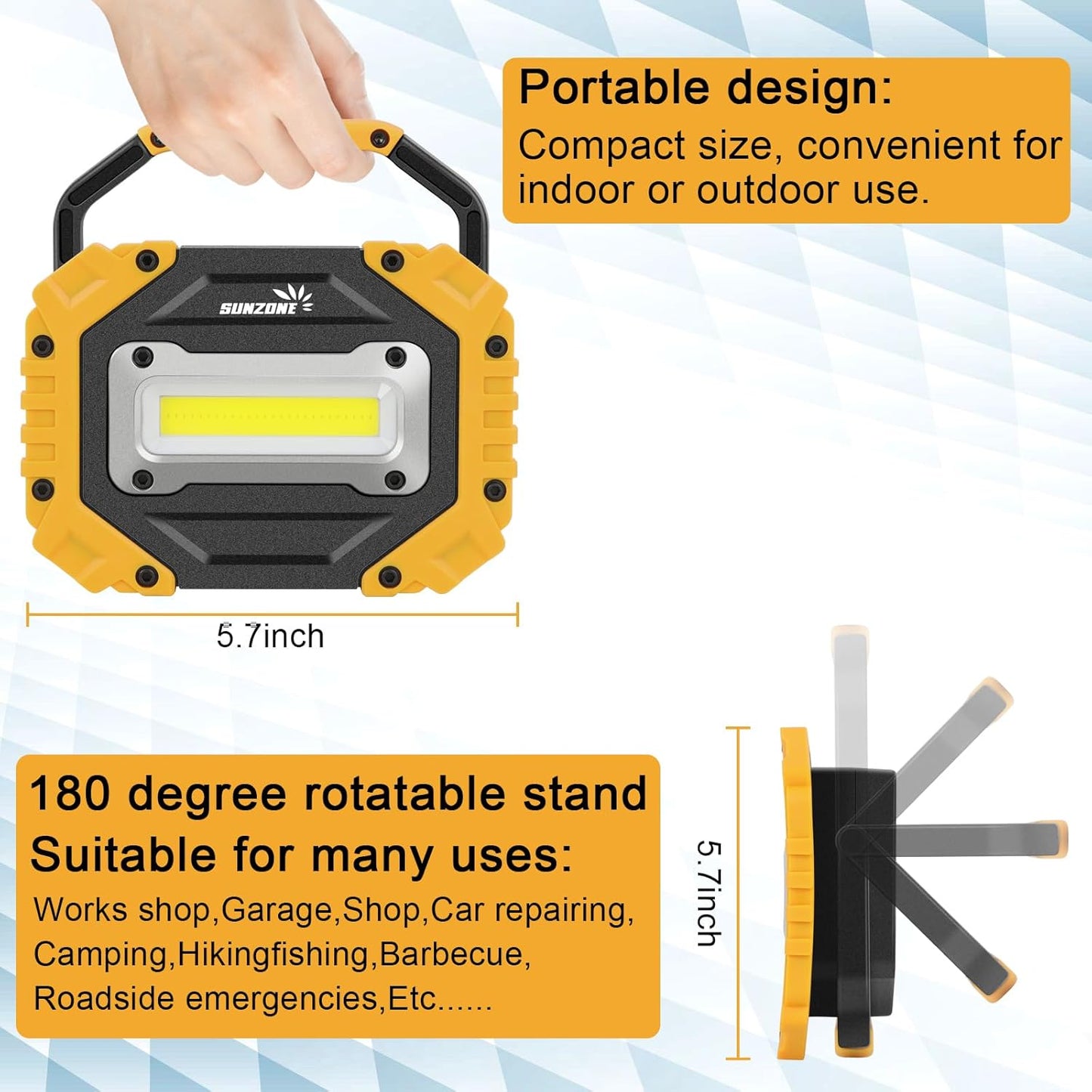 Sunzone LED Work Light, Rechargeable Magnetic Flood Lights with Stand, Waterproof Portable Job Site Lighting for Camping, Fishing, Hiking, Car Inspection with Emergency Mode (2 Pack)