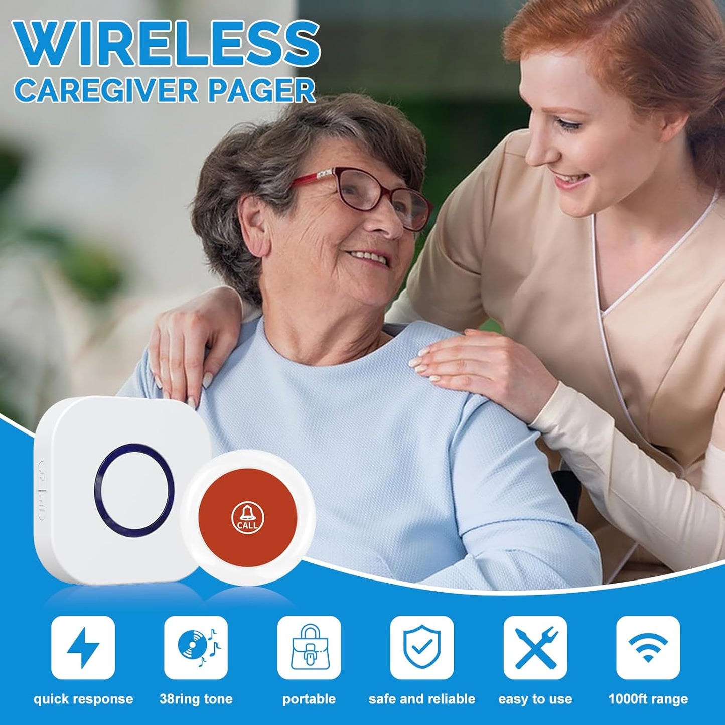 Wireless Caregiver Pager Call Button System with Emergency Buzzer Buttons SOS Alert, 38 Melodies AB Buttons 1000+ Feet Range for Elderly Disabled Home Care, 1 Receiver + 2 Transmitters White