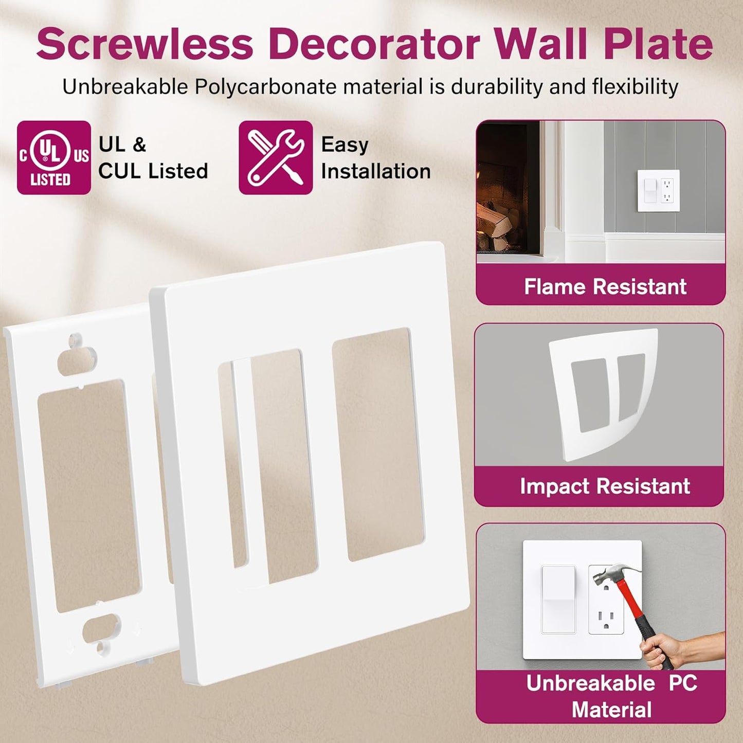 EMITEVER 2-Gang Screwless Decorator Wall Plate Cover for Receptacle Outlet & Light Switch, Standard Size 4.53"H x 4.53"W, Unbreakable Thermoplastic Faceplate, UL Listed, Matte White 1-Pack