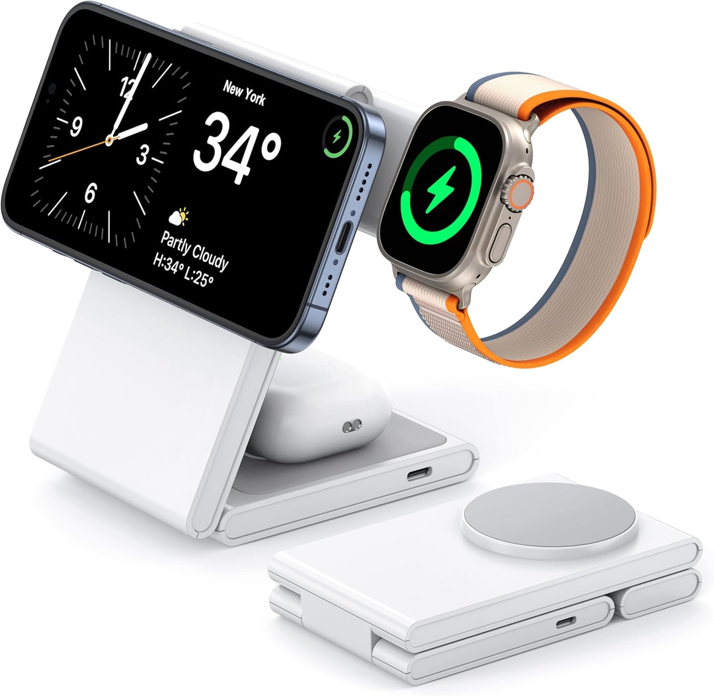 Wireless Charging Station with 20W USB C Adapter, 3 in 1 Magnetic Foldable Travel Charger Stand for iPhone 17 16 15 14 13 Series, Compatible with Apple Watch 11/10/9/8/7/6/5/4/3/2/SE/Ultra 2/Airpods 4