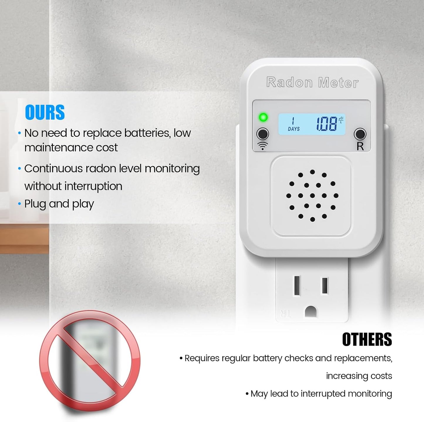 WiFi Home Radon Detector, Portable Radon Meter with Real-Time Short & Long-Term Monitoring, Plug-in Design, Instant Alerts & App Control