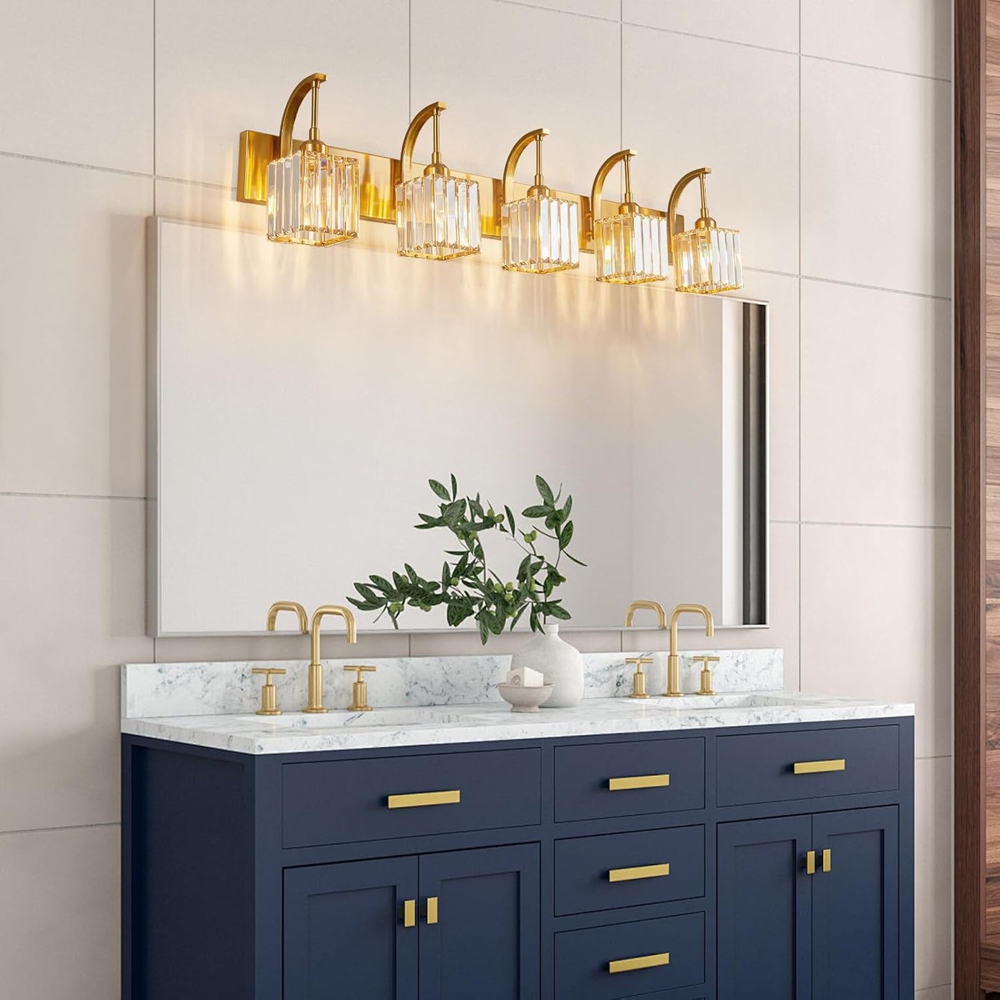 5-Light Crystal Vanity Light, Modern Gold Bathroom Wall Sconce with K9 Crystal Shades, 42.51" Long Over Mirror Lighting for Vanity, Makeup, Hallway, Elegant & Easy Installation