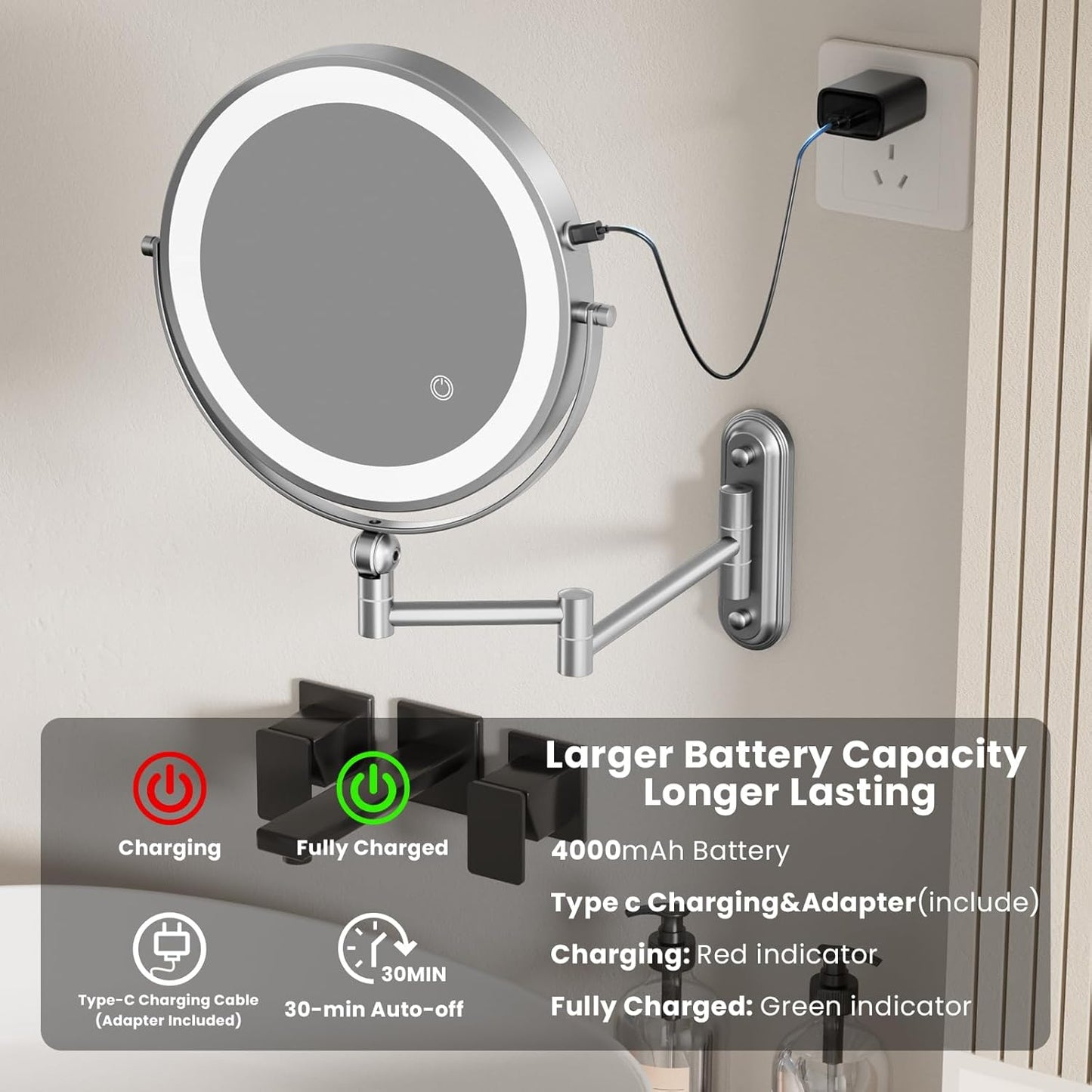 Rocollos 9-Inch Large Makeup Mirror with 30X Magnification, Rechargeable Wall Mounted Vanity Mirror with Lights, 3 Color Dimmable LED, Touch Screen & Retractable Arm-Black (9INCH-Chrome)