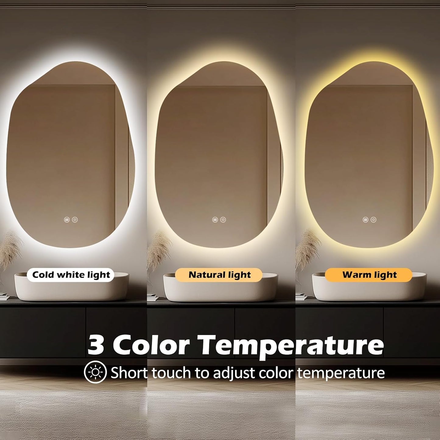 LED Bathroom Mirror with Lights 26x38, Stepless Dimmable Irregular Backlit Mirror with 3 Colors, Anti-Fog, Memory, Al-Alloy Lampshade, Frameless Vanity Mirror for Bathroom (Horizontal/Vertical)