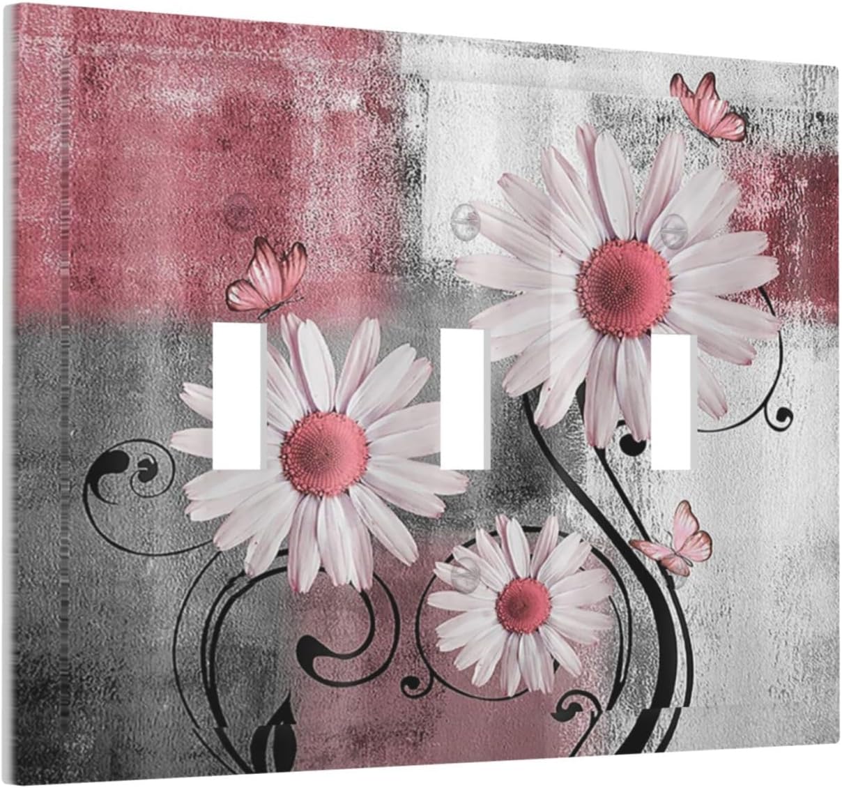 Decorative Switch Plates Pink Floral Rustic Daisy Flower And Butterfly 3 Gang Wall Plate Faceplate Triple Toggle Light Switch Cover Electrical Wall Panels for Farmhouse Cabin Decor