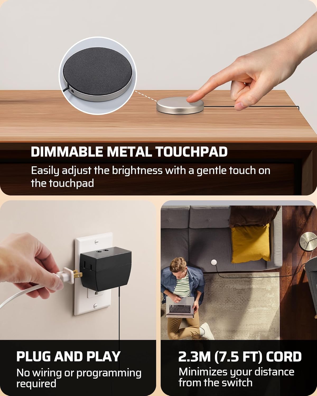 DEWENWILS 2 Pack Touch Dimmer Switch, Plug and Play Lamp Touch Control Pad, Touch Lamp Switch, Full Range Dimmer, Dimmable LED/CFL Lights, Incandescent Bulbs, Extension Cord Dimmer, ETL Listed, Black