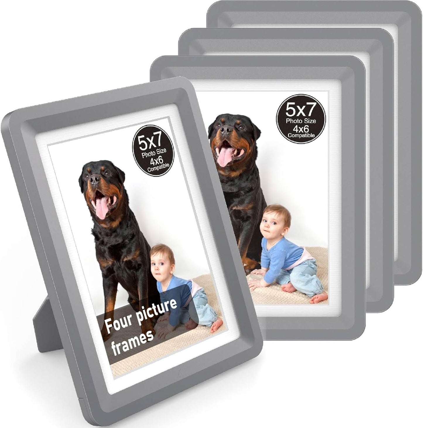 Dark Gray 5x7 Picture Frame with Acrylic Front 4 Pack, ABS Frame for 5x7 or 4x9 Photos, Shatterproof UV-Resistant Tabletop Photo Frame, Vertical/Horizontal Display for Home Décor
