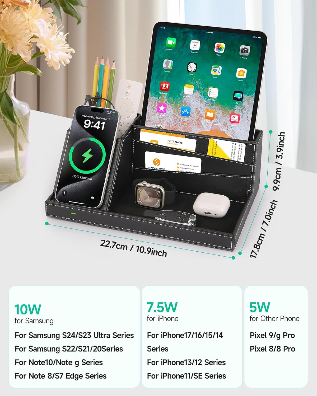 Valet Tray, Built in Wireless Charging Pad, Nightstand Organizer, Dresser Organizer, Mens Jewelry Box, Valet Charging Station, Faux Leather Valet Tray for Men and Women (Black+Wireless)