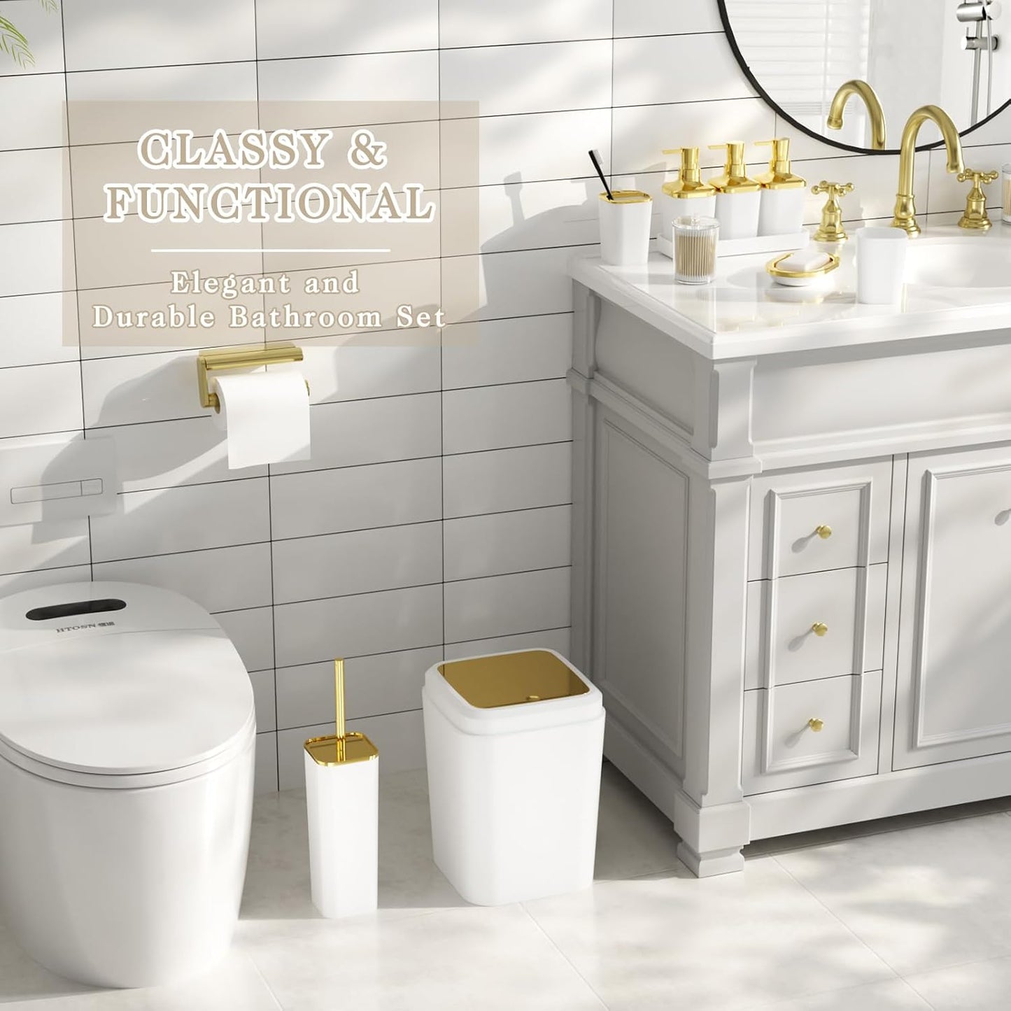 Bathroom Accessory Set, 11PC Bathroom Set, White Bathroom Accessories, Bathroom Accessories Set with Trash Can, 3PC Soap Dispensers and Toilet Brush