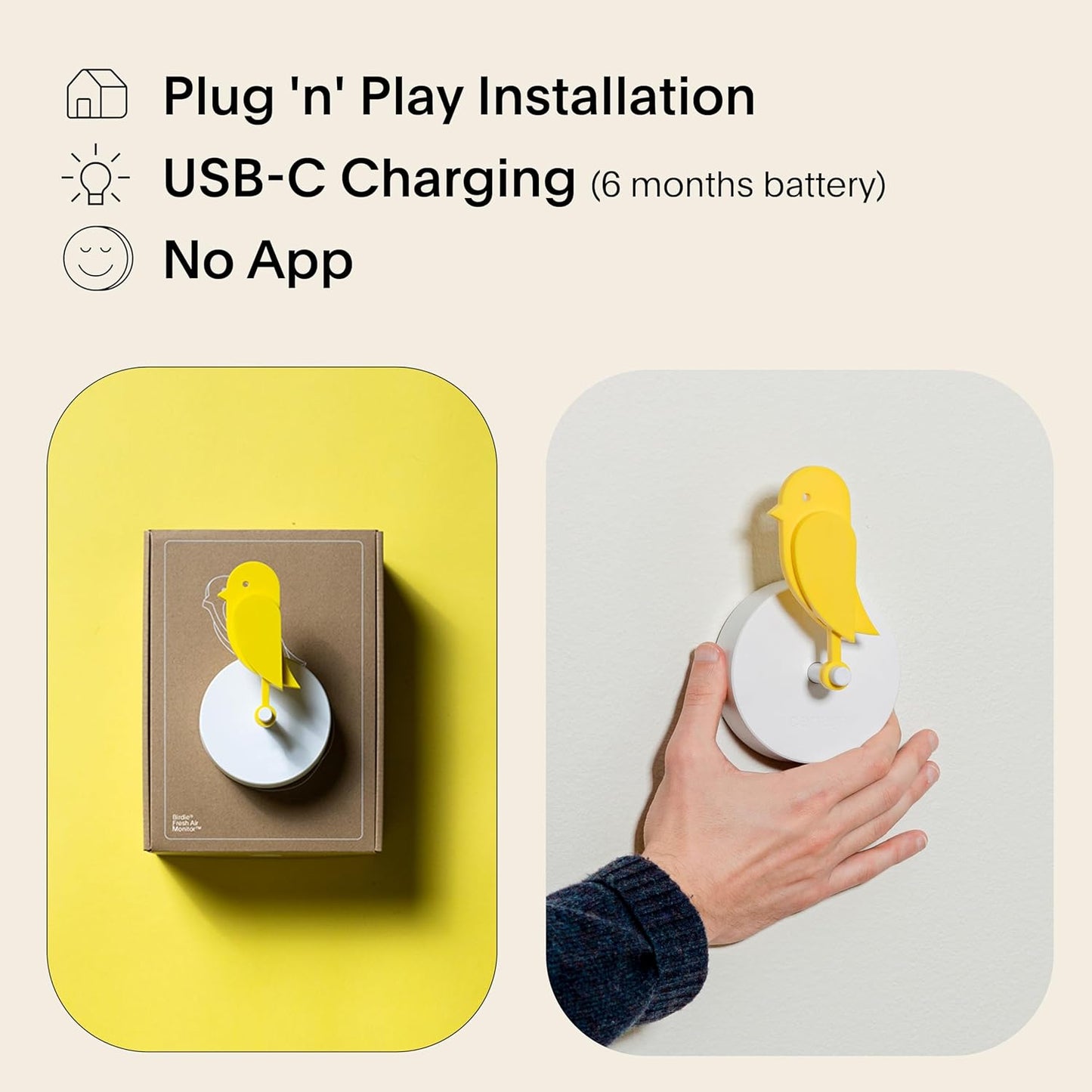 Birdie 2.0 - Design Indoor CO2 Monitor - Air Quality Meter for Home & Office - Promotes Mental & Physical Health - Modern Interior Decor - Reducing Health Risks with Clean Air (Yellow, FullBirdie)