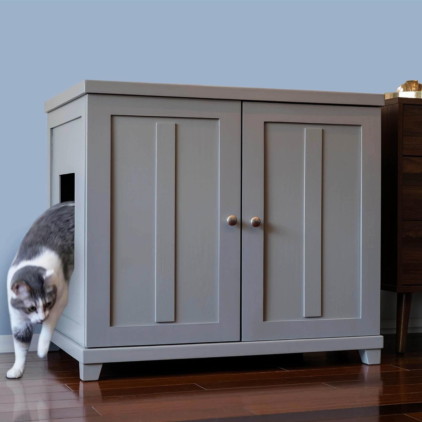 The Refined Feline Cat Litter Box Enclosure Cabinet, Shaker, Smoke Gray, Tapered Feet, XLarge, Hidden Litter Cat Furniture with Drawer