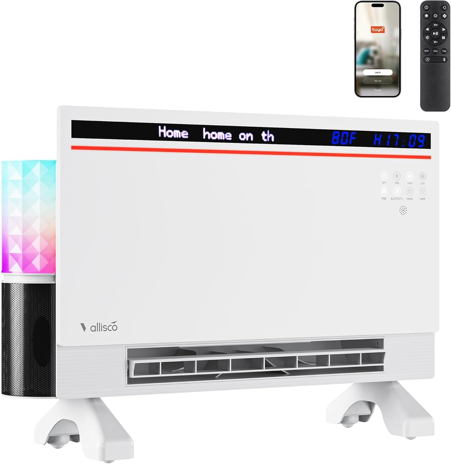 Smart Electric Space Heater with Bluetooth Speaker & RGB Light, App/Remote/Touch Control, Freestanding/Wall Heater, 2 Heat & 2 Fan Modes for All-Season Indoor Use, 110° Oscillating, Works with Alexa