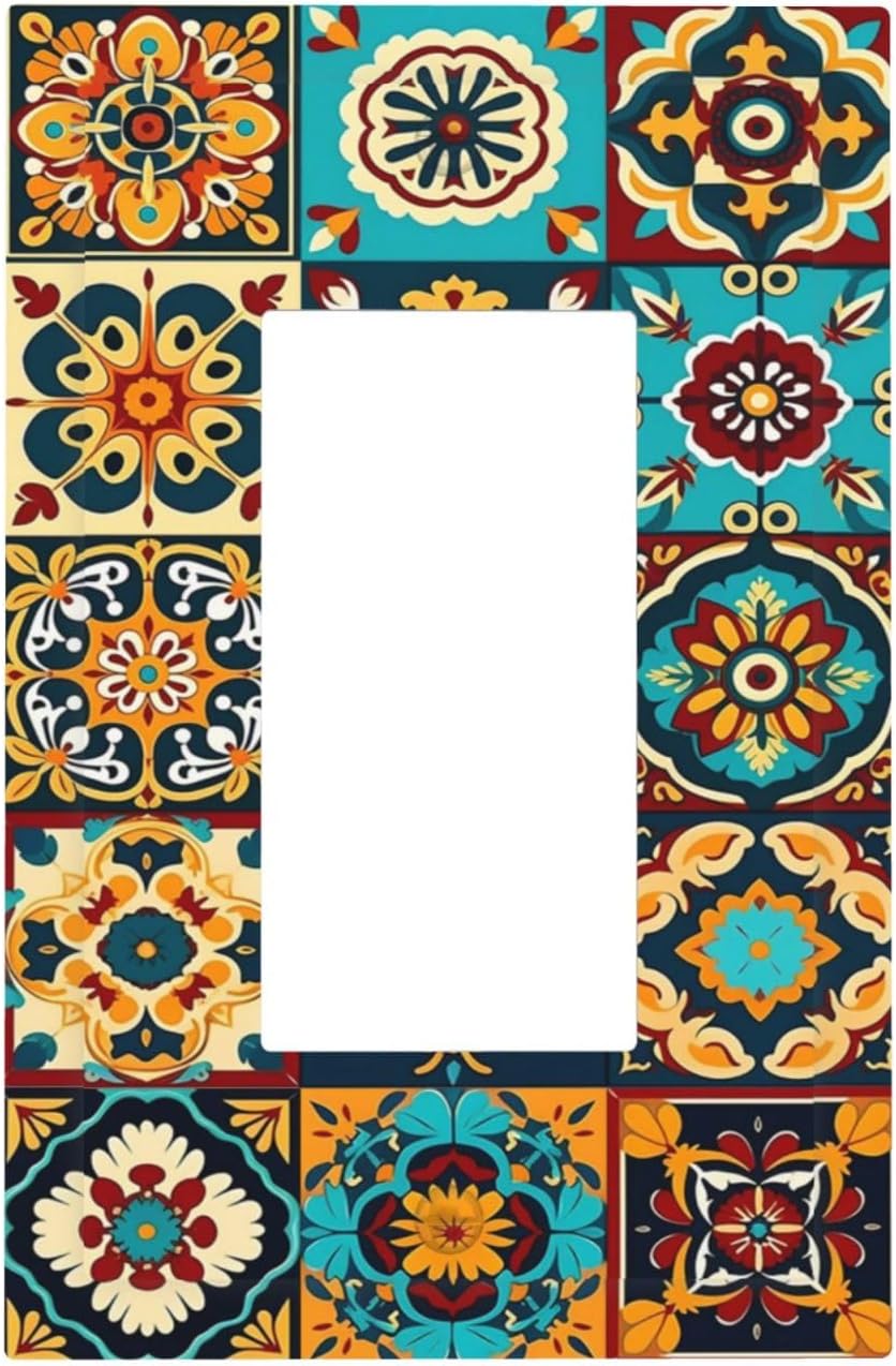 Mexican Talavera Ceramic Tile Moroccan Boho Decorative Outlet Covers 1 Gang Single Rocker Light Switch Cover Plate Wall Plates GFCI Faceplate for Bathroom Kitchen Decor