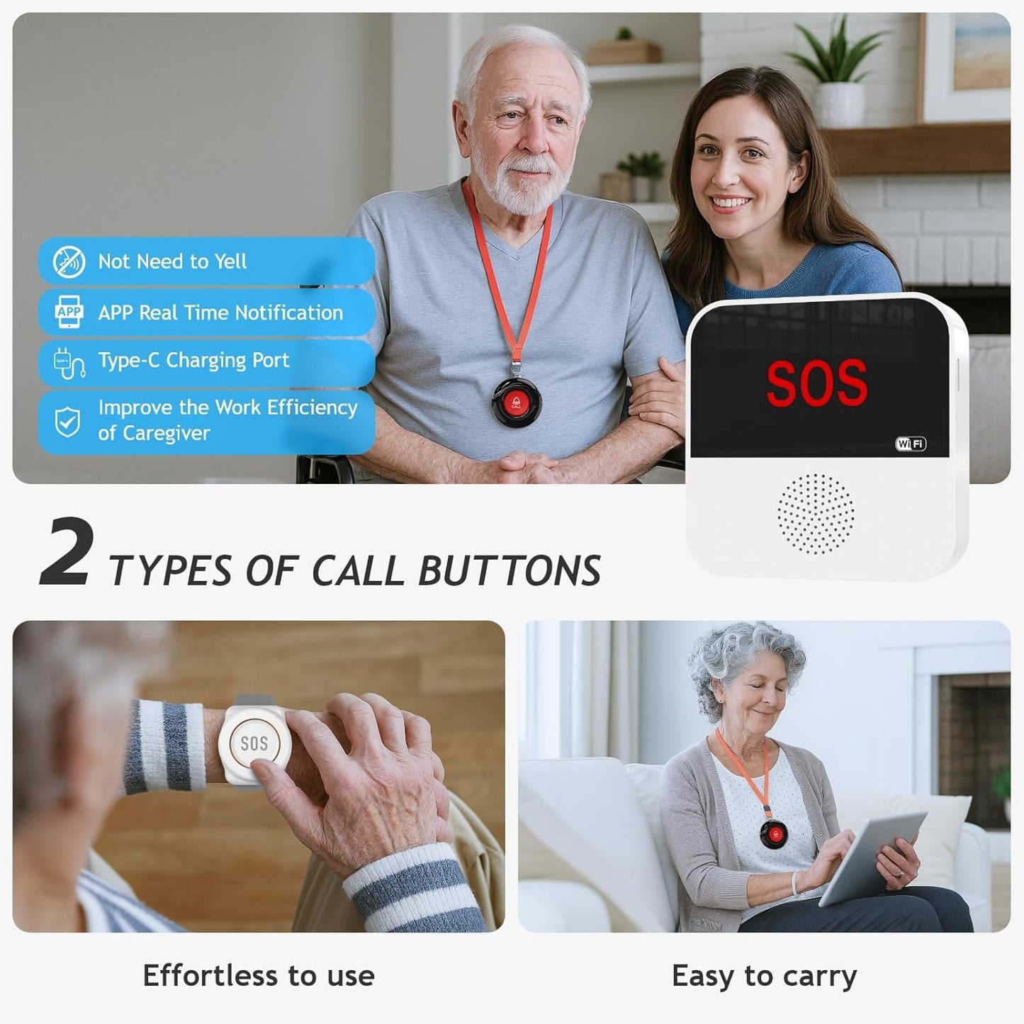 WiFi Smart Wireless Caregiver Pager Call Button Emergency Alert System Life Alert Button for Elderly Patient Seniors Disabled 3 SOS Panic Button 1 Receiver(Only Supports 2.4GHz & No Monthly Fee)